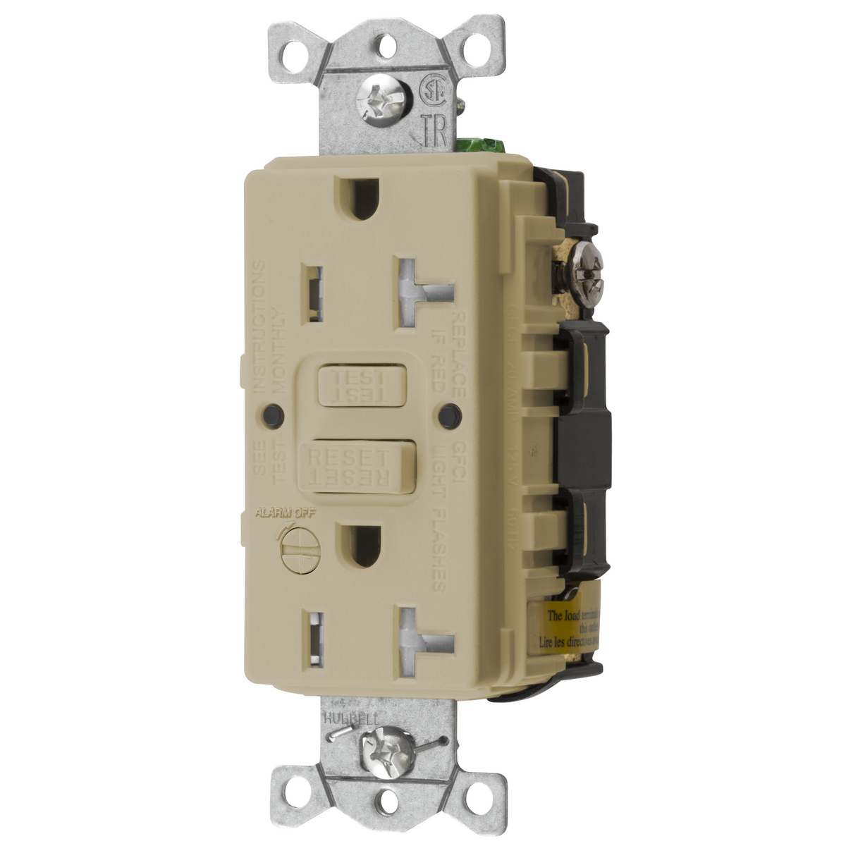 HUBBELL WIRING DEVICE-KELLEMS GFTRST20IB Gfci Receptacle, 20A 125V, 5-20R, With Alarm, Ivory | BD4GNE