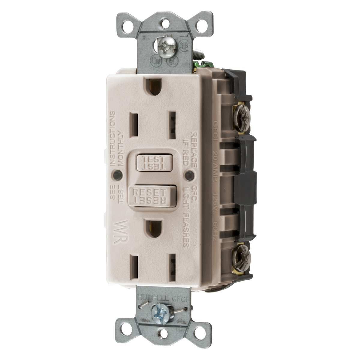 HUBBELL WIRING DEVICE-KELLEMS GFWRST15LA Gfci Receptacle, 15A 125V, 2-Pole 3-Wire Grounding, 5-15R, Light Almond | BD3XPR