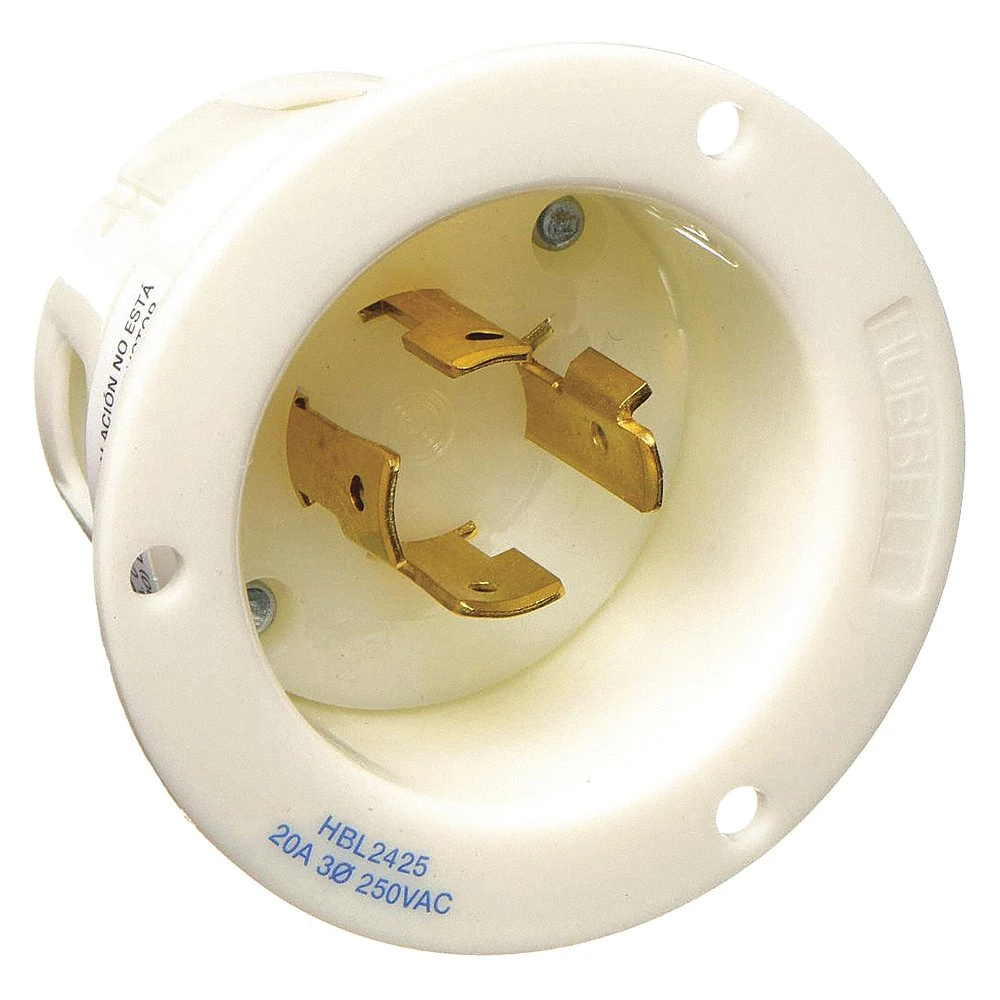 HUBBELL WIRING DEVICE-KELLEMS HBL2425 Flanged Inlet, 20A, 3-Phase, 250VAC, 3-Pole, 4-Wire Grounding, White | AC8QKB 3D566