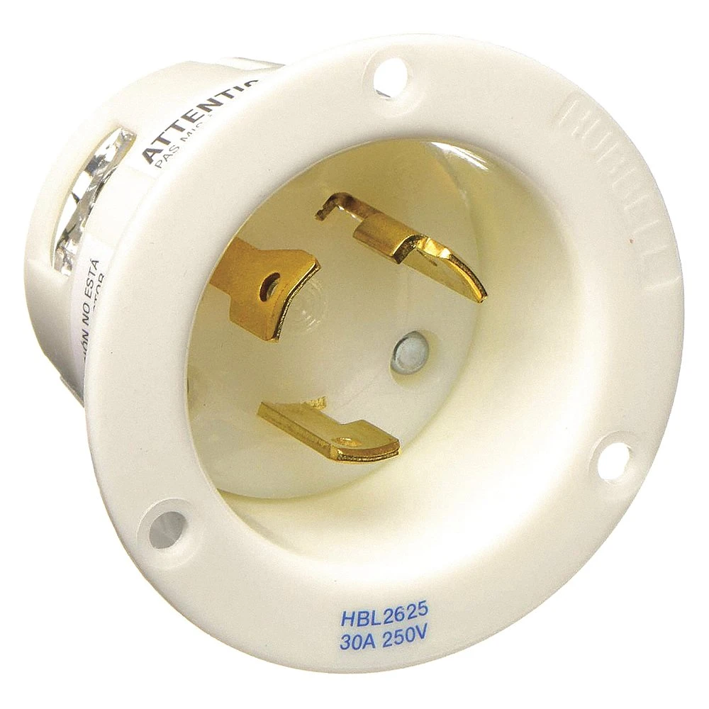 HUBBELL WIRING DEVICE-KELLEMS HBL2625 Flanged Inlet, 30A, 250V, 2-Pole, 3-Wire Grounding, Screw Terminal, White | AC8PXC 3D074