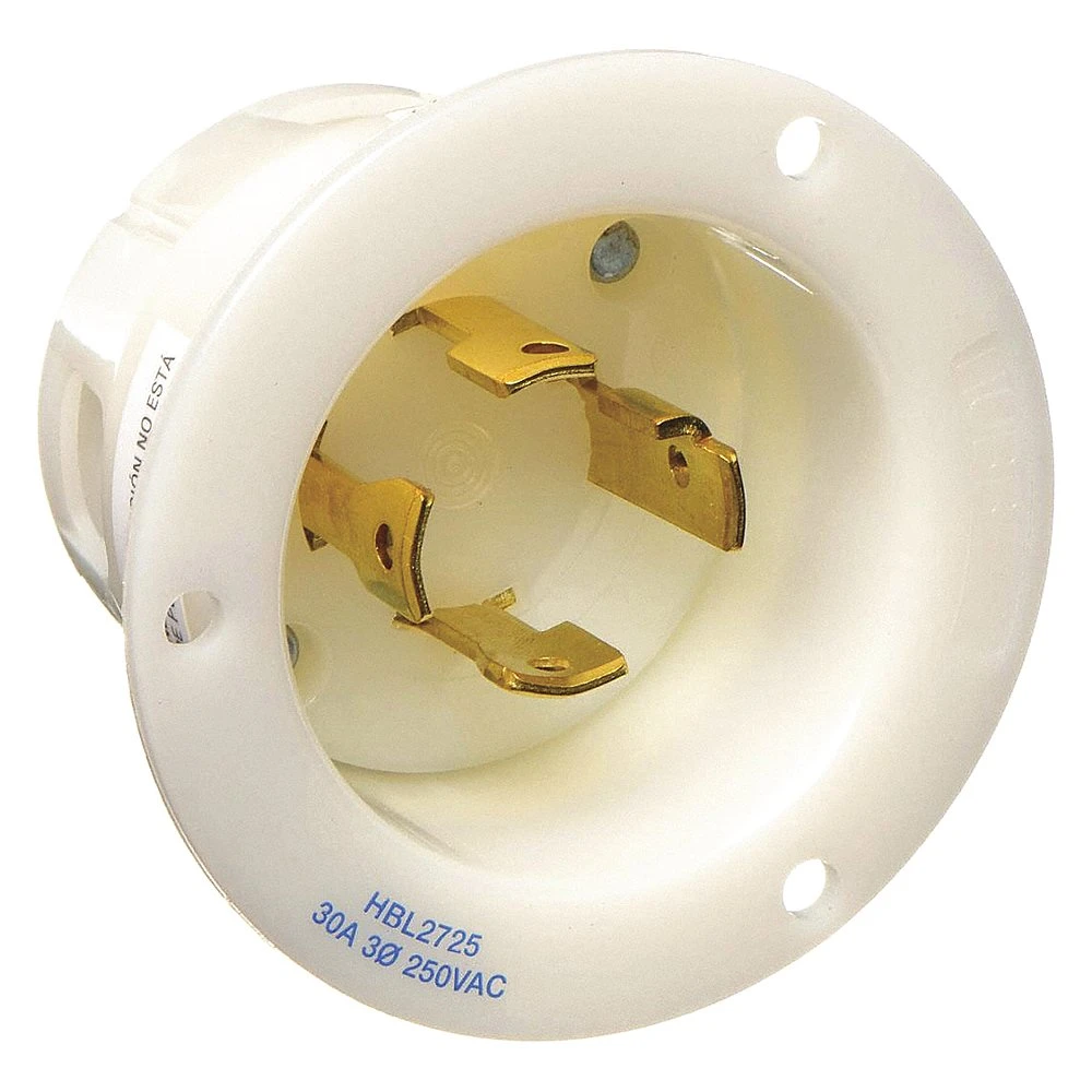 HUBBELL WIRING DEVICE-KELLEMS HBL2725 Flanged Inlet, 30A, 3-Phase, Delta, 250VAC, 3-Pole, 4-Wire Grounding, White | AC8PXR 3D092