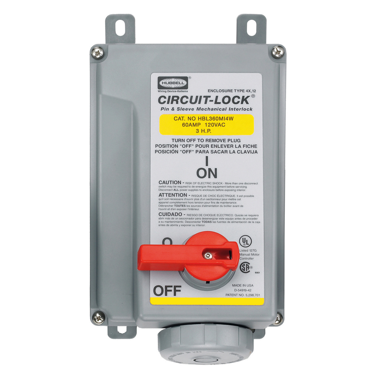 Mechanically Interlocked Receptacle, 2 Pole, 125 VAC, 60 A