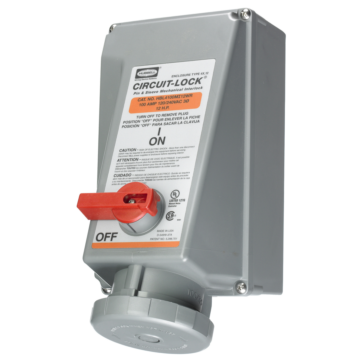 Mechanically Interlocked Receptacle, 3 Pole, 125 - 250 V, 100 A