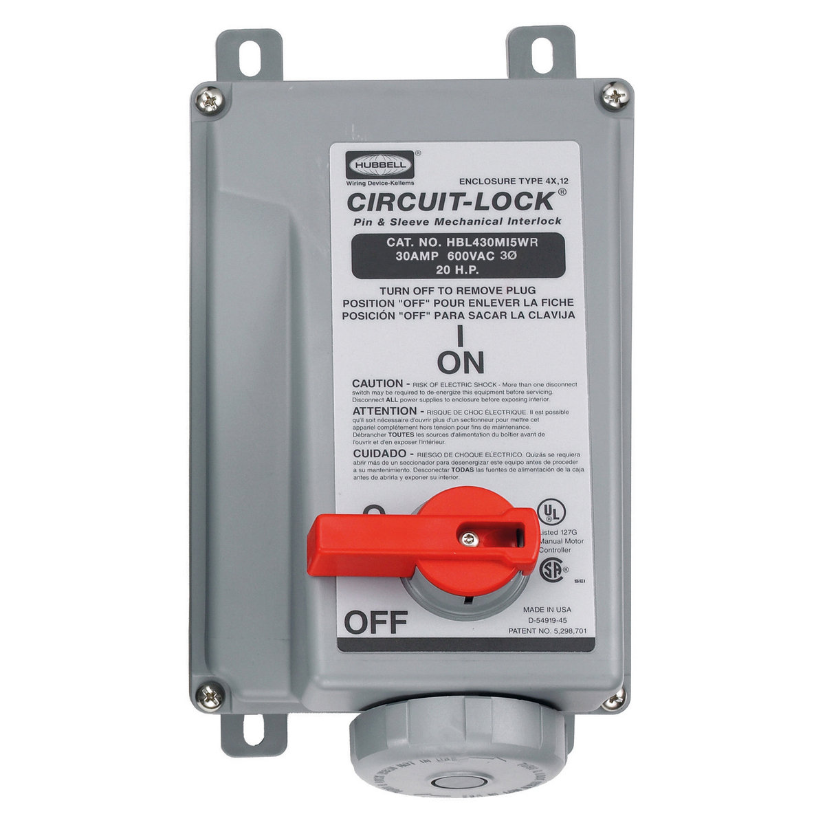 Mechanically Interlocked Receptacle, 3 Pole, 600 VAC, 30 A