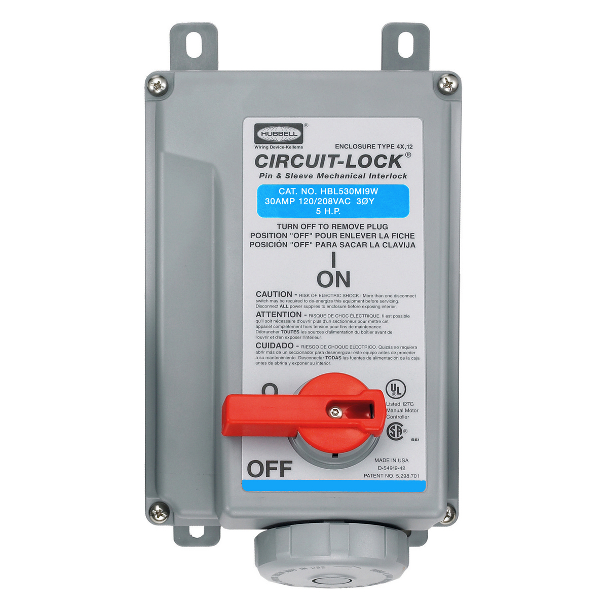 Mechanically Interlocked Receptacle, 4 Pole, 120 - 208 VAC, 30 A