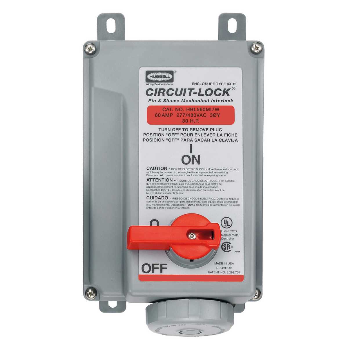 Mechanically Interlocked Receptacle, 4 Pole, 277 - 480 VAC, 60 A