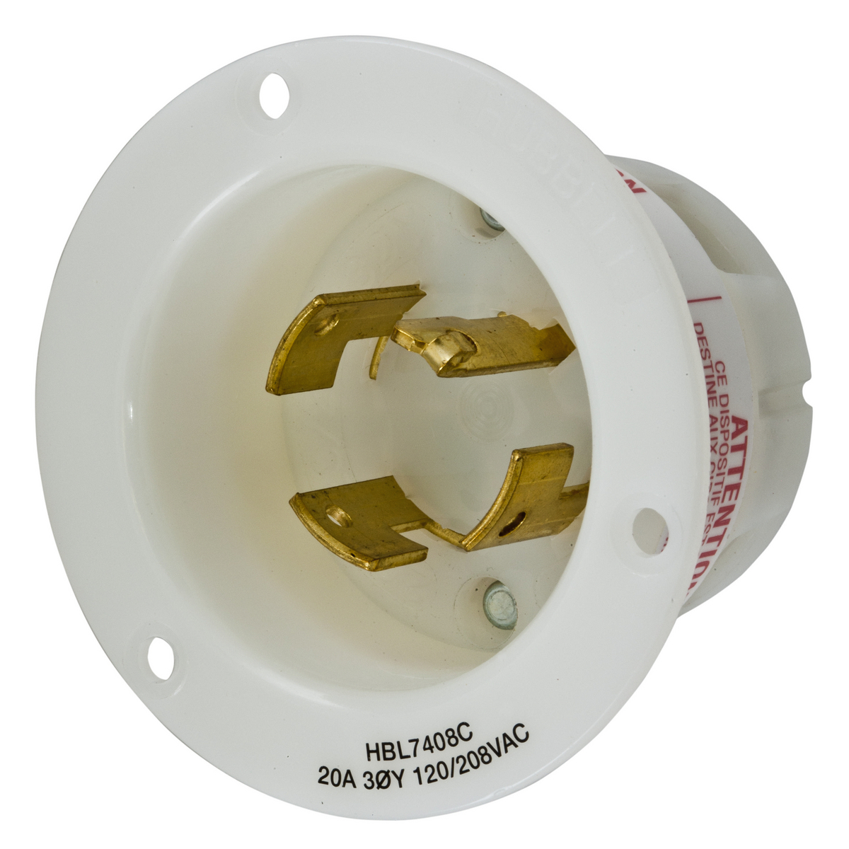 HUBBELL WIRING DEVICE-KELLEMS HBL7408C Flanged Inlet, 20A, 3-Phase, 120/208VAC, 4-Pole, 4-Wire Non-Grounding, White | CE6TBU