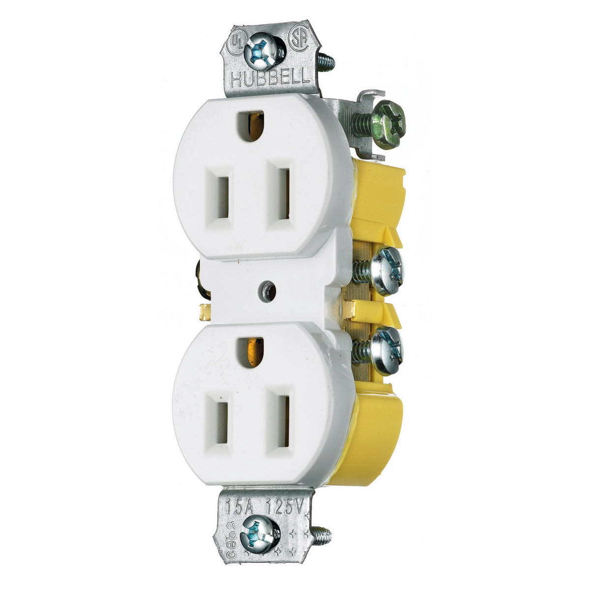 HUBBELL WIRING DEVICE-KELLEMS RR15KW Duplex Receptacle, Tamper Resistant, Cut Ears, 15A, 125V, 2-Pole, White | BC9AHQ