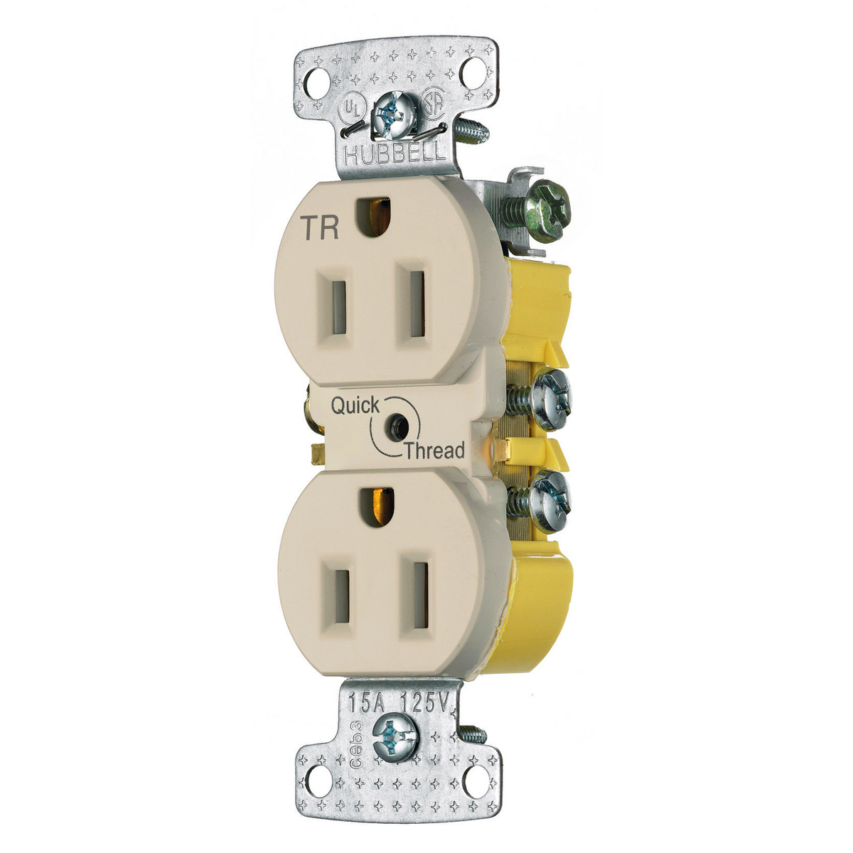 HUBBELL WIRING DEVICE-KELLEMS RR15QALTR Receptacle, Duplex, Quick Thread, 15A, 125V, 2-Pole, 3-Wire Grounding, Almond | CE6RRR
