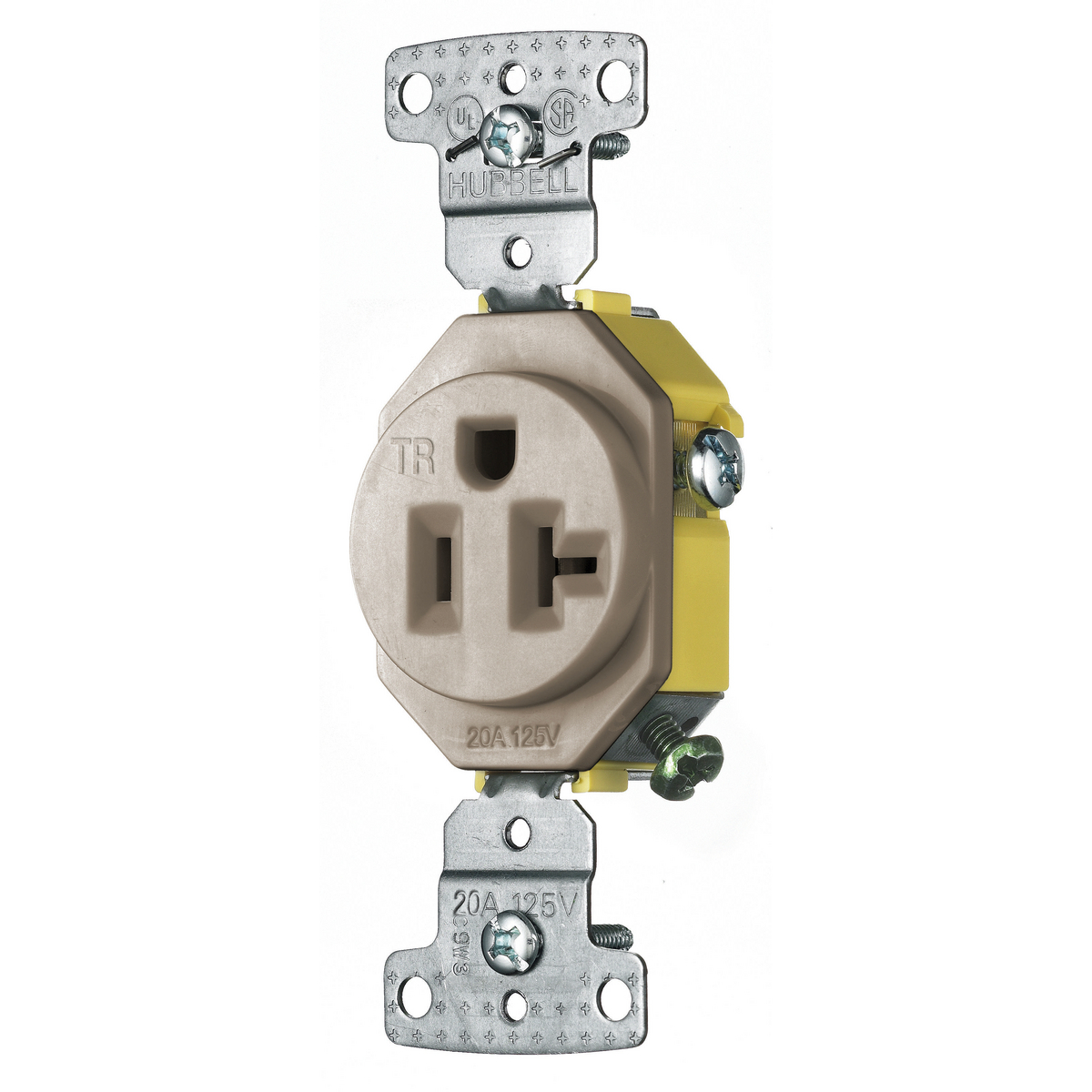 HUBBELL WIRING DEVICE-KELLEMS RR201ALTR Receptacle, Tamper Resistant Single, 20A, 125V, 2-Pole, Self Grounding, Almond | BC8FBB