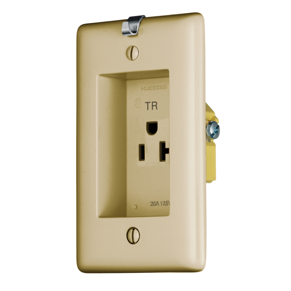 HUBBELL WIRING DEVICE-KELLEMS RR201CHITR Single Receptacle, Clock Hanger, Tamper Resistant, 20A, 125V, 2-Pole, Ivory | BC9XPX