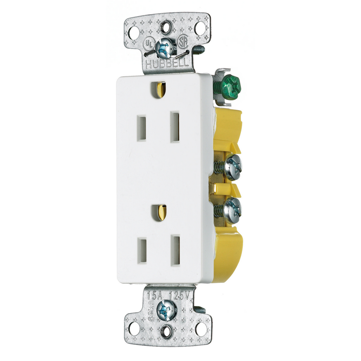 HUBBELL WIRING DEVICE-KELLEMS RRD15SW Receptacle, Decorator Duplex, Self Grounding, 15A, 125V, 2-Pole, White | BD3JWB