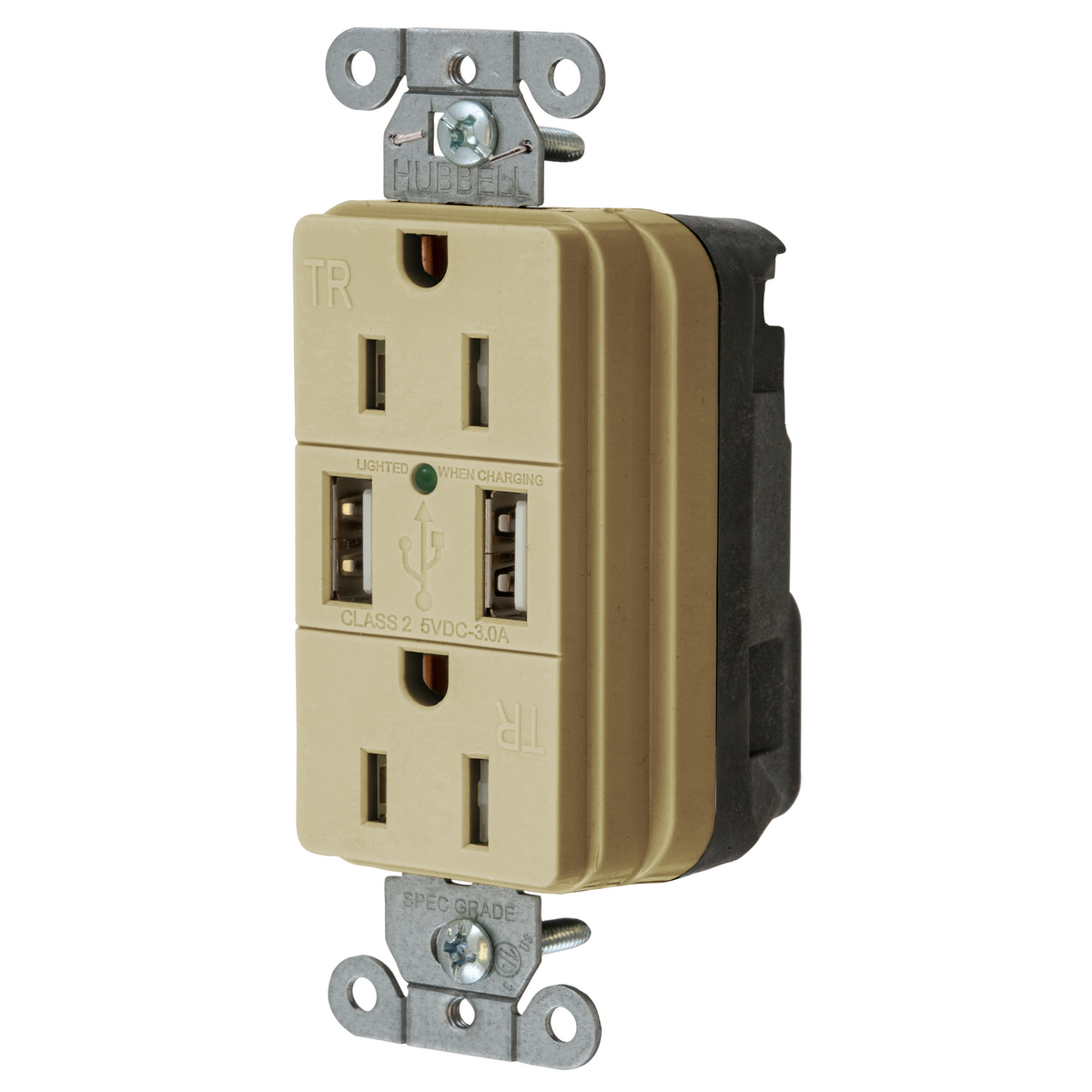 HUBBELL WIRING DEVICE-KELLEMS SNAP15USBI Straight Receptacle, Two Usb Type 20 Port 3 Amp 5V, 15A 125VAC, Ivory | BD3YFK