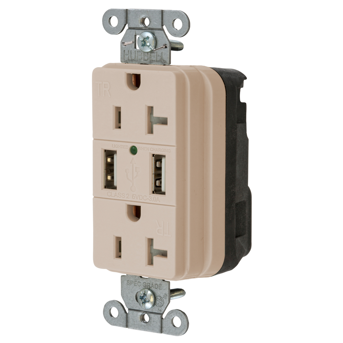 HUBBELL WIRING DEVICE-KELLEMS SNAP20USBLA Straight Receptacle, Two Usb Type 20 Port 3 Amp 5VDC, 20A 125VAC, Light Almond | BD4BHC