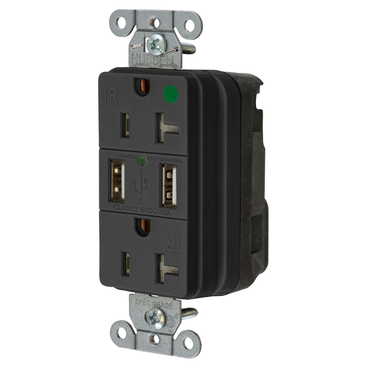 HUBBELL WIRING DEVICE-KELLEMS SNAP8300USBBK Straight Receptacle, Duplex, Two 3 Amp 5 Volt Usb Port, 20A 125VAC, Black | BD4KQB