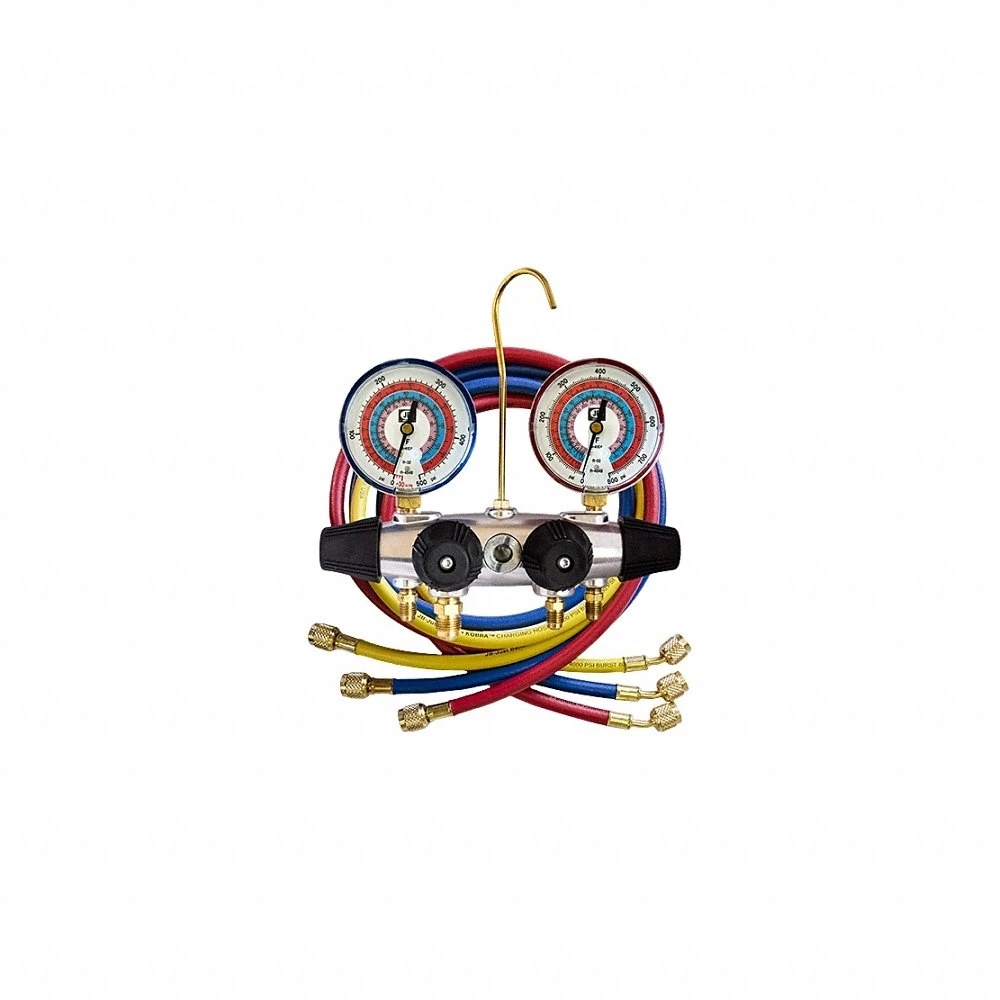 Manifold Gauge Kit, 4 Valves, 3 Hoses, 3 1/8 Inch Gauge