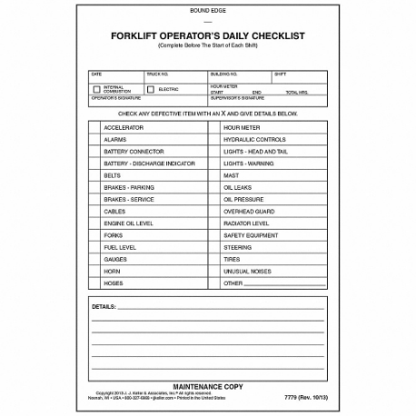 Forklift Inspection Book, Paper, Canary