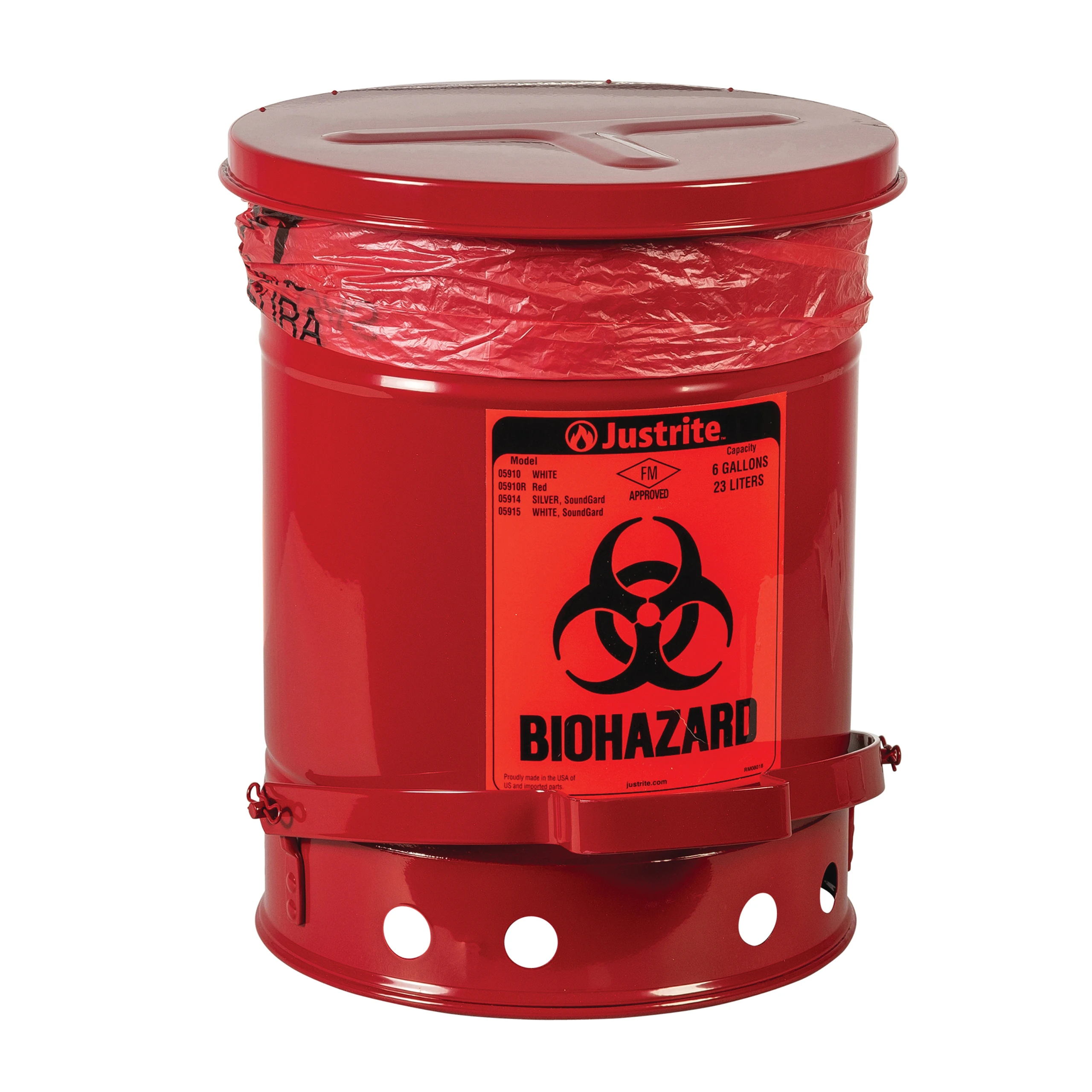 JUSTRITE 05910R Biohazard Waste Can, Foot Operated, Self Closing, 6 Gallon, Red | AA4ZTG 13M334