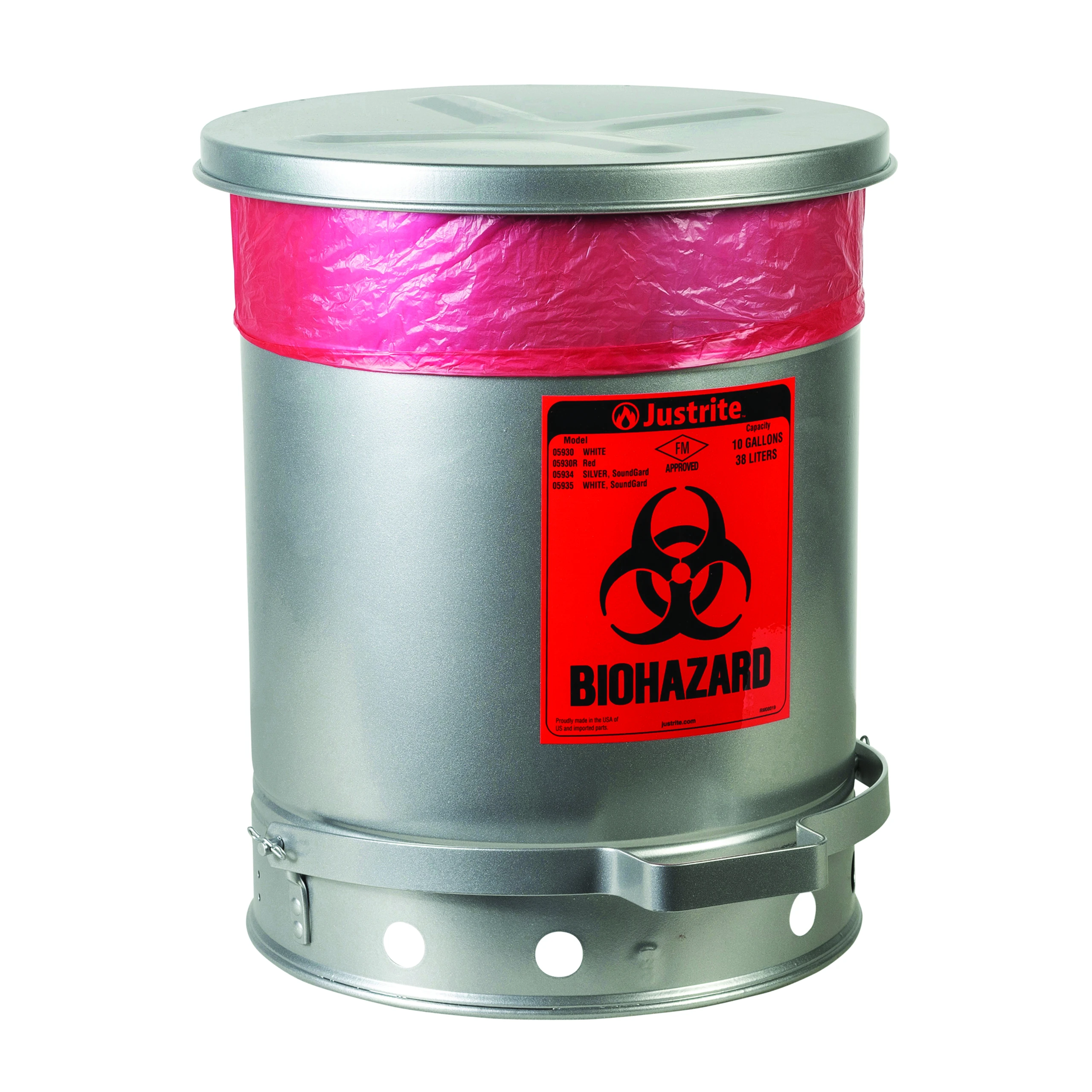 JUSTRITE 05914 Biohazard Waste Can, Foot Operated, Self Closing, 6 Gallon, Silver | AA4ZTH 13M335