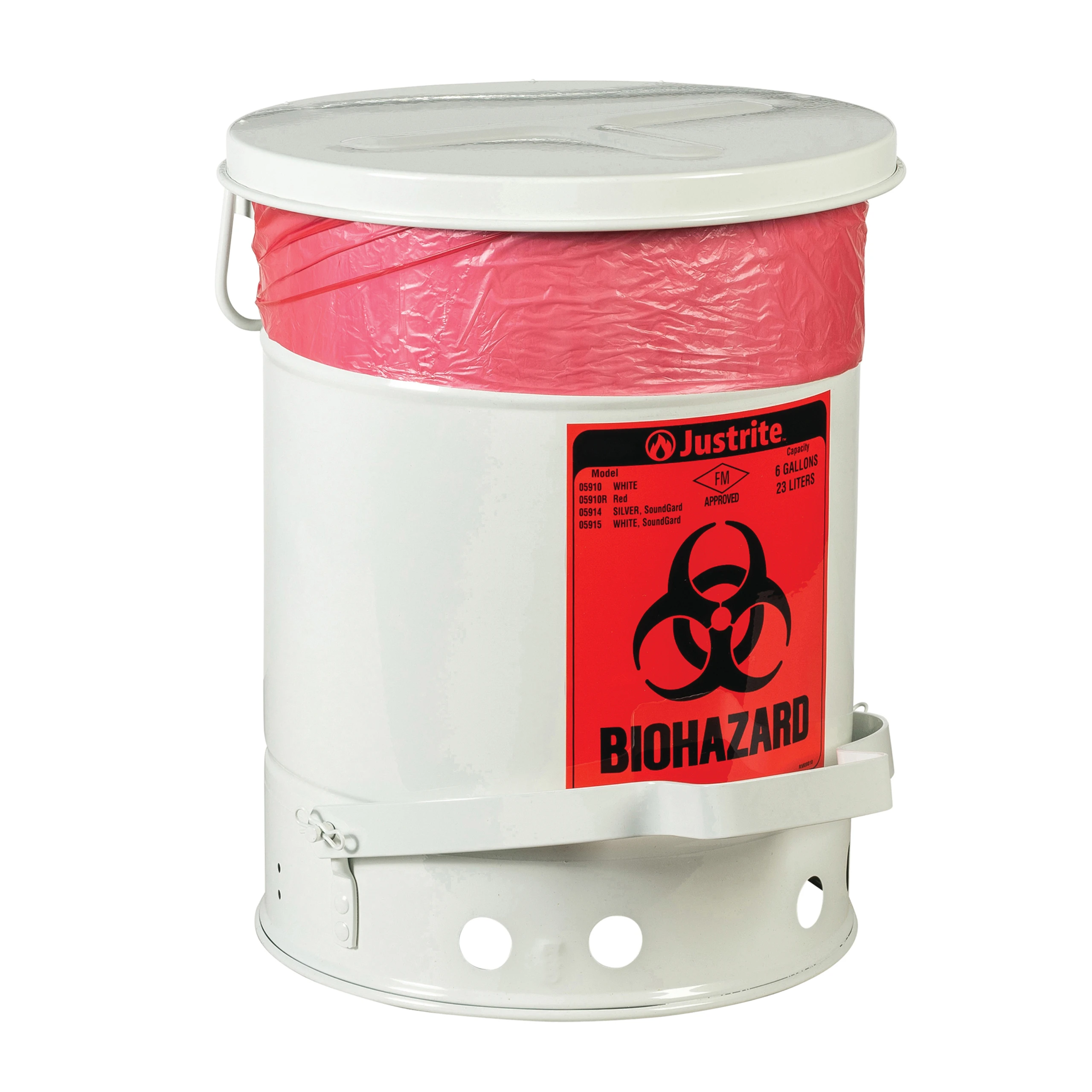 JUSTRITE 05915 Biohazard Waste Can, Foot Operated, Self Closing, 6 Gallon, White | AA4ZTJ 13M336