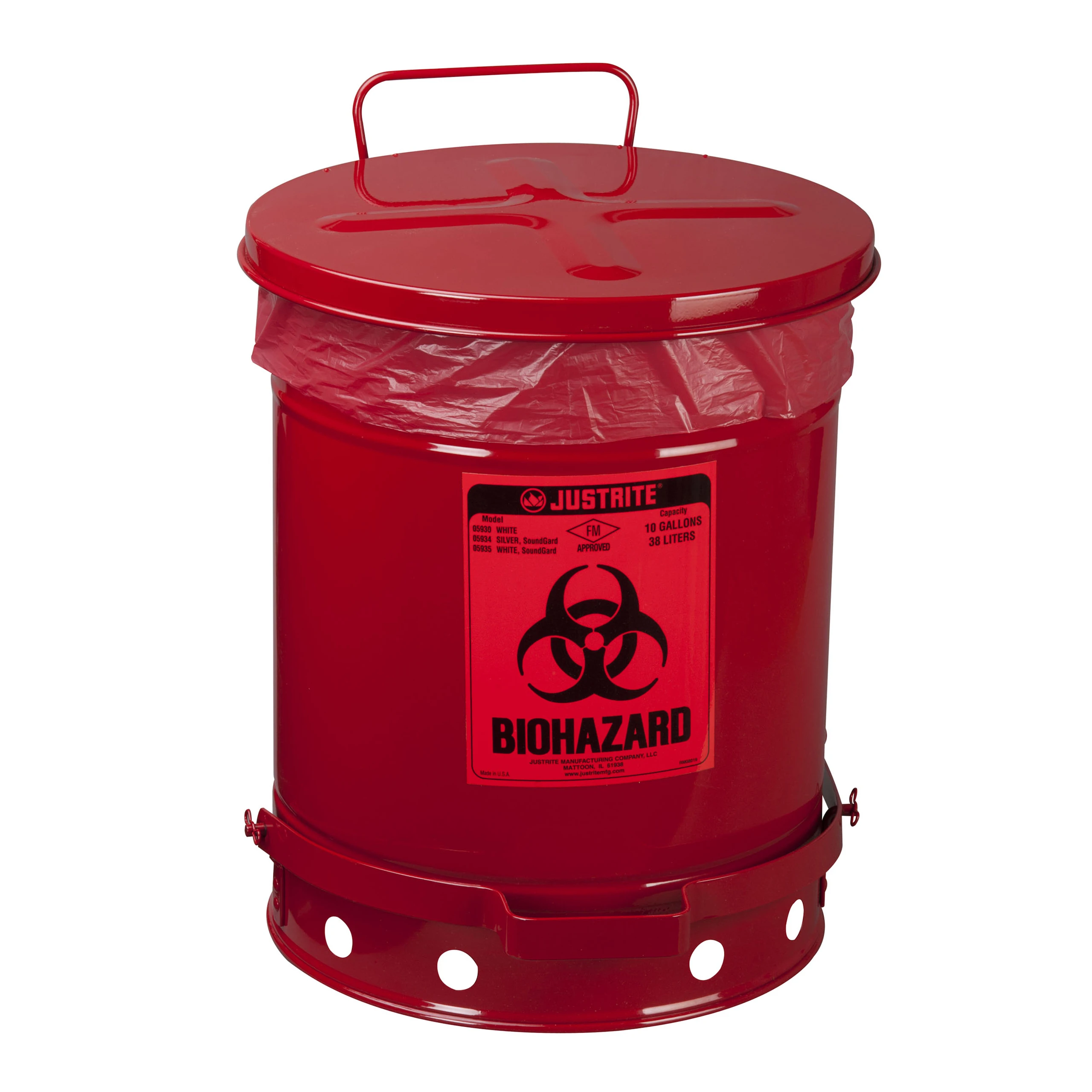 JUSTRITE 05930R Biohazard Waste Can, 38L Capacity, 354mm Dia., 464mm Length, Red | CD8CBK JCN05930RD, 5930R
