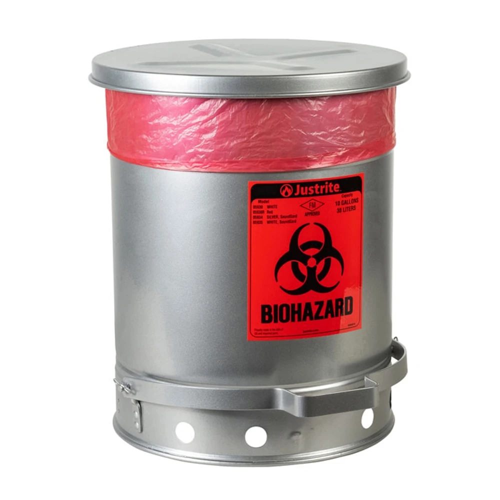 JUSTRITE 05934 Biohazard Waste Can, Foot Operated, Self Closing, 10 Gallon, Silver | AA4ZTK 13M337