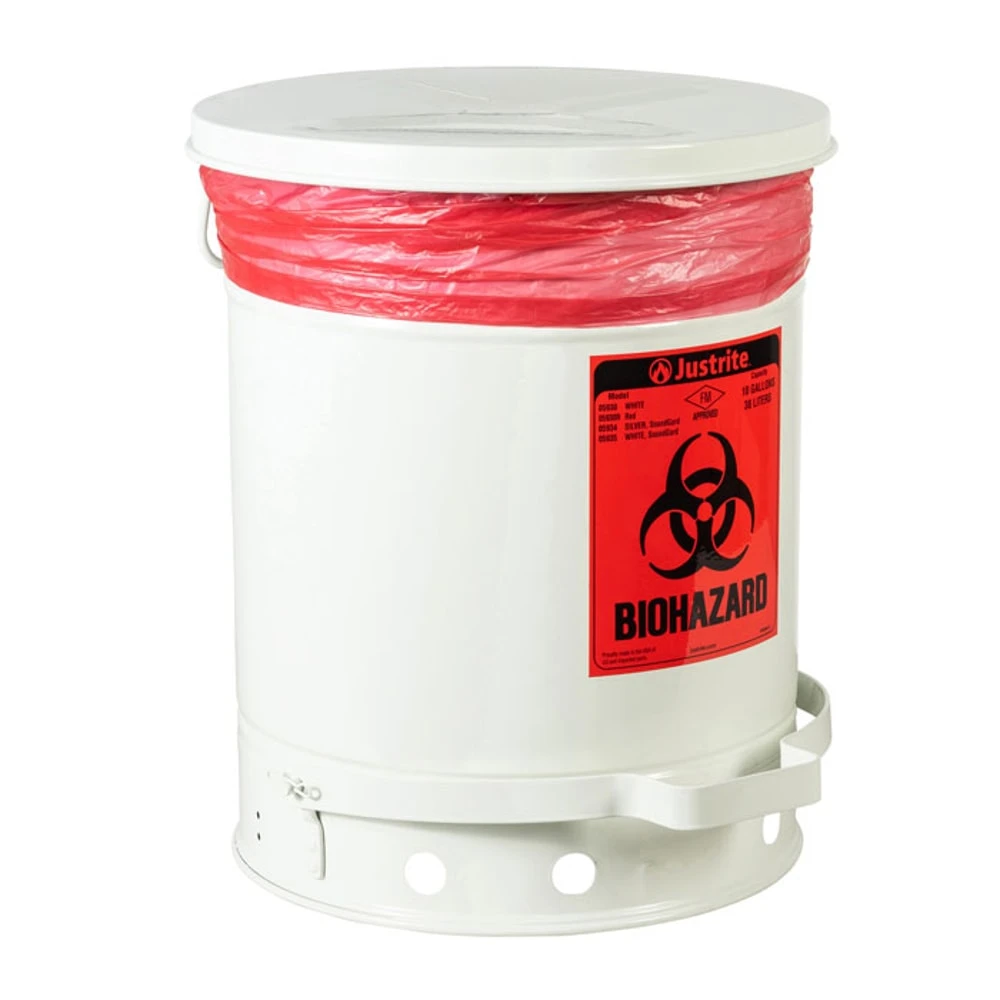JUSTRITE 05935 Biohazard Waste Can, Foot Operated, Self Closing, 10 Gallon, White | AA4ZTL 13M338
