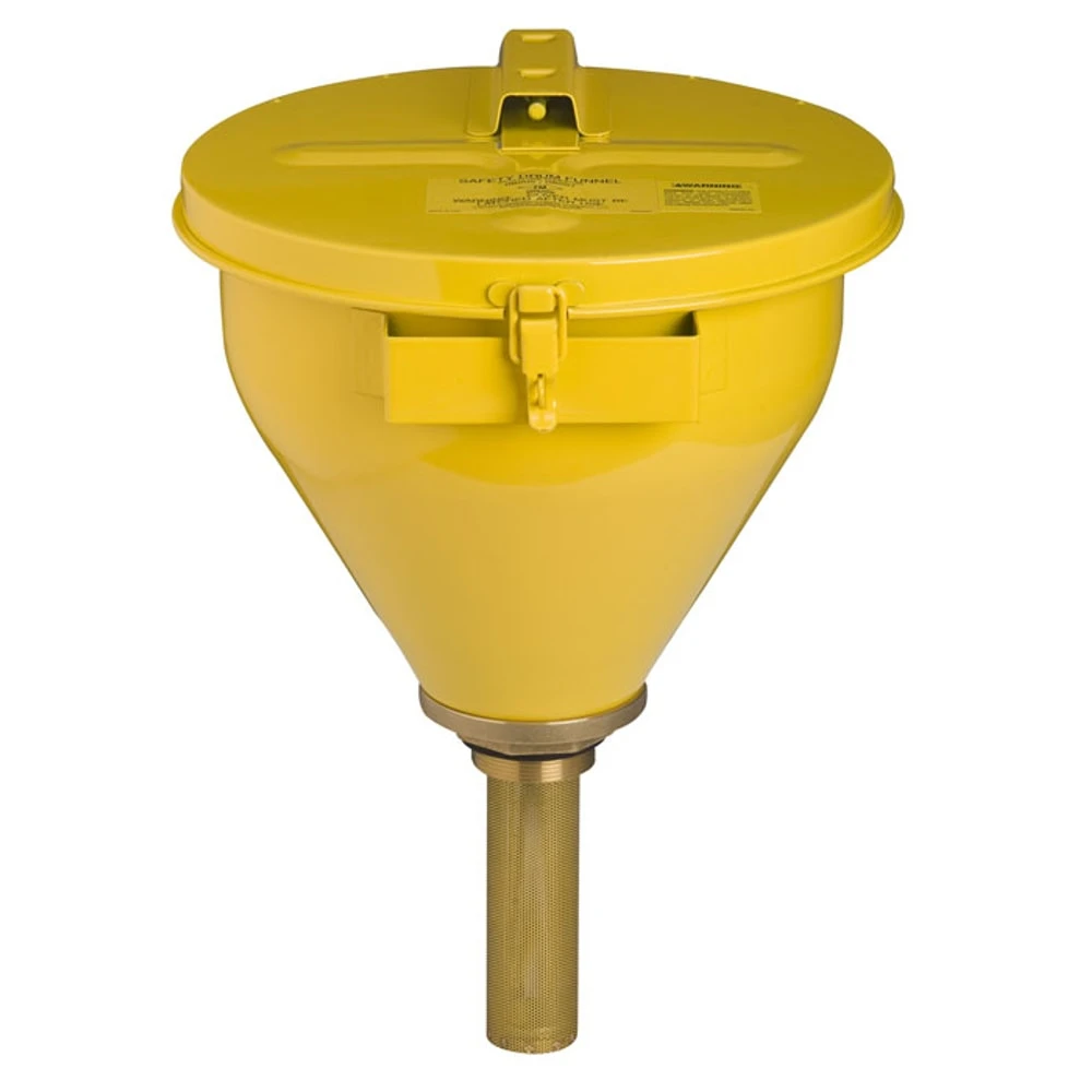 Drum Funnel For Flammables, Self closing Cover, 273mm Dia., 254mm Length, Yellow