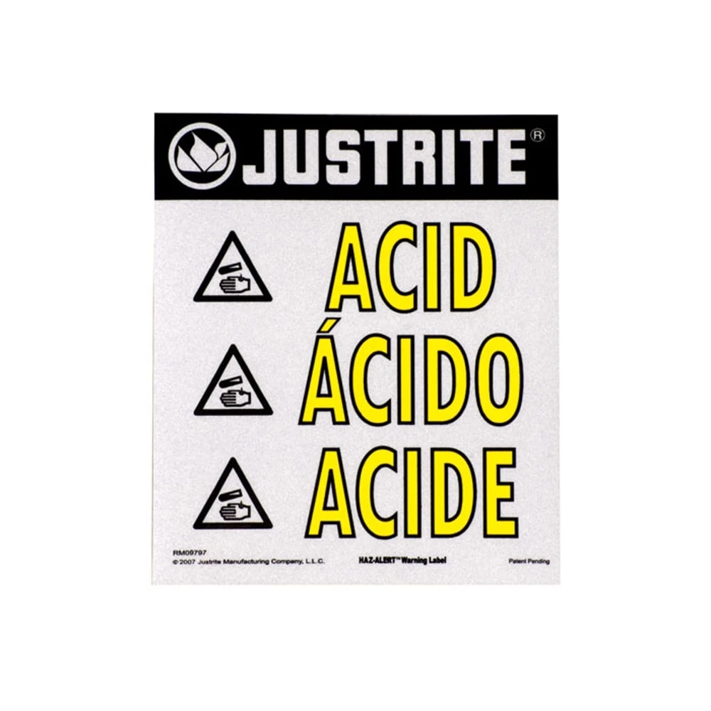JUSTRITE 29006 Acid Warning Label, 11 Inch Height x 10 Inch Width | AA4ZWX 13M426