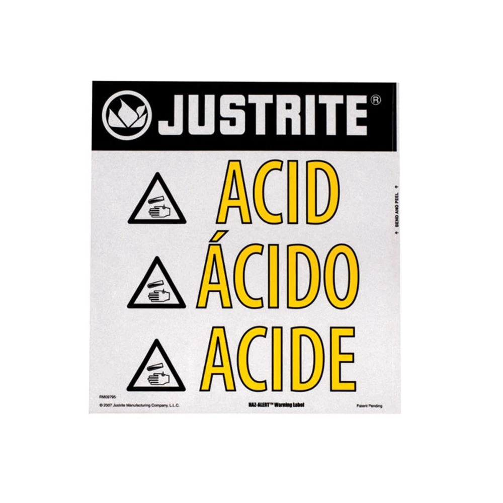 JUSTRITE 29008 Acid Warning Label, 5-1/2 Inch Height x 4-3/4 Inch Width | AA4ZWZ 13M428