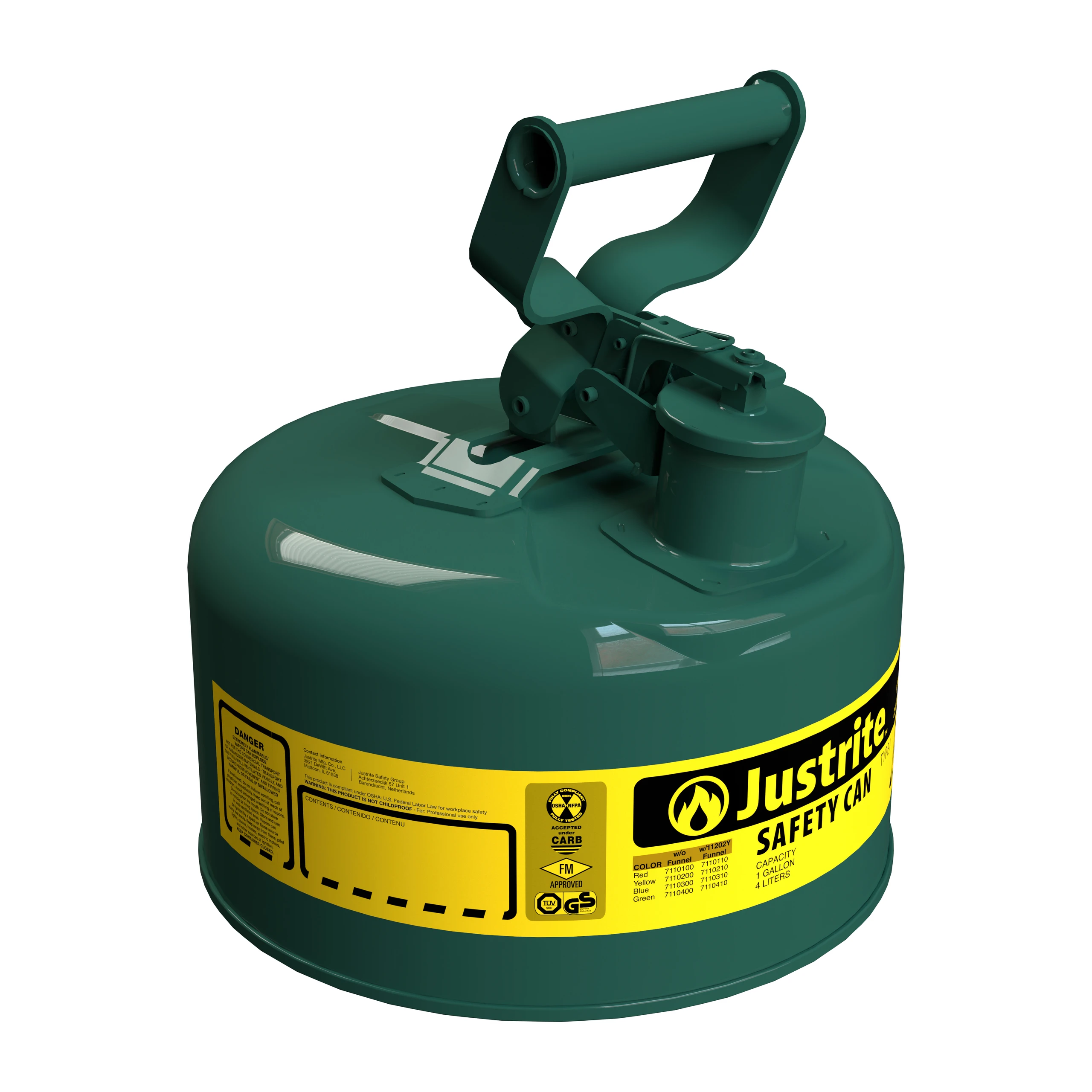 JUSTRITE 7110400 Safety Can, Flame Arrester, Type I, 1 Gallon, 11 Inch Height, Green | AA4ZYF 13M457