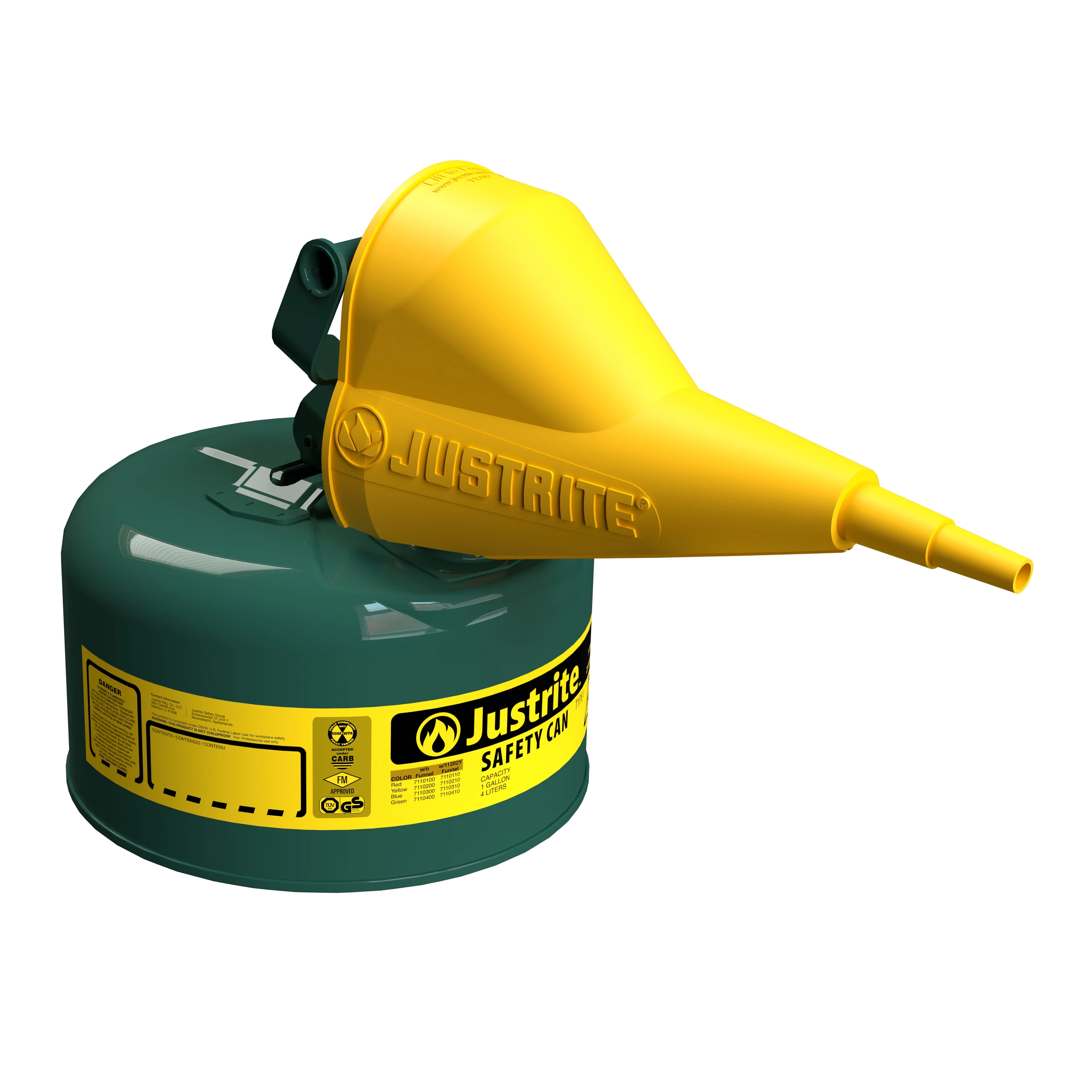 JUSTRITE 7110410 Safety Can, Flame Arrester, Type I, 1 Gallon, 11 Inch Height, Green | AA4ZYG 13M458