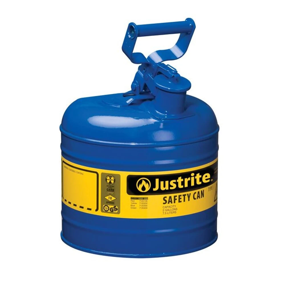 JUSTRITE 7120300 Safety Can, Flame Arrester, Type I, 2 Gallon, 13-3/4 Inch Height, Blue | AA4ZYL 13M462