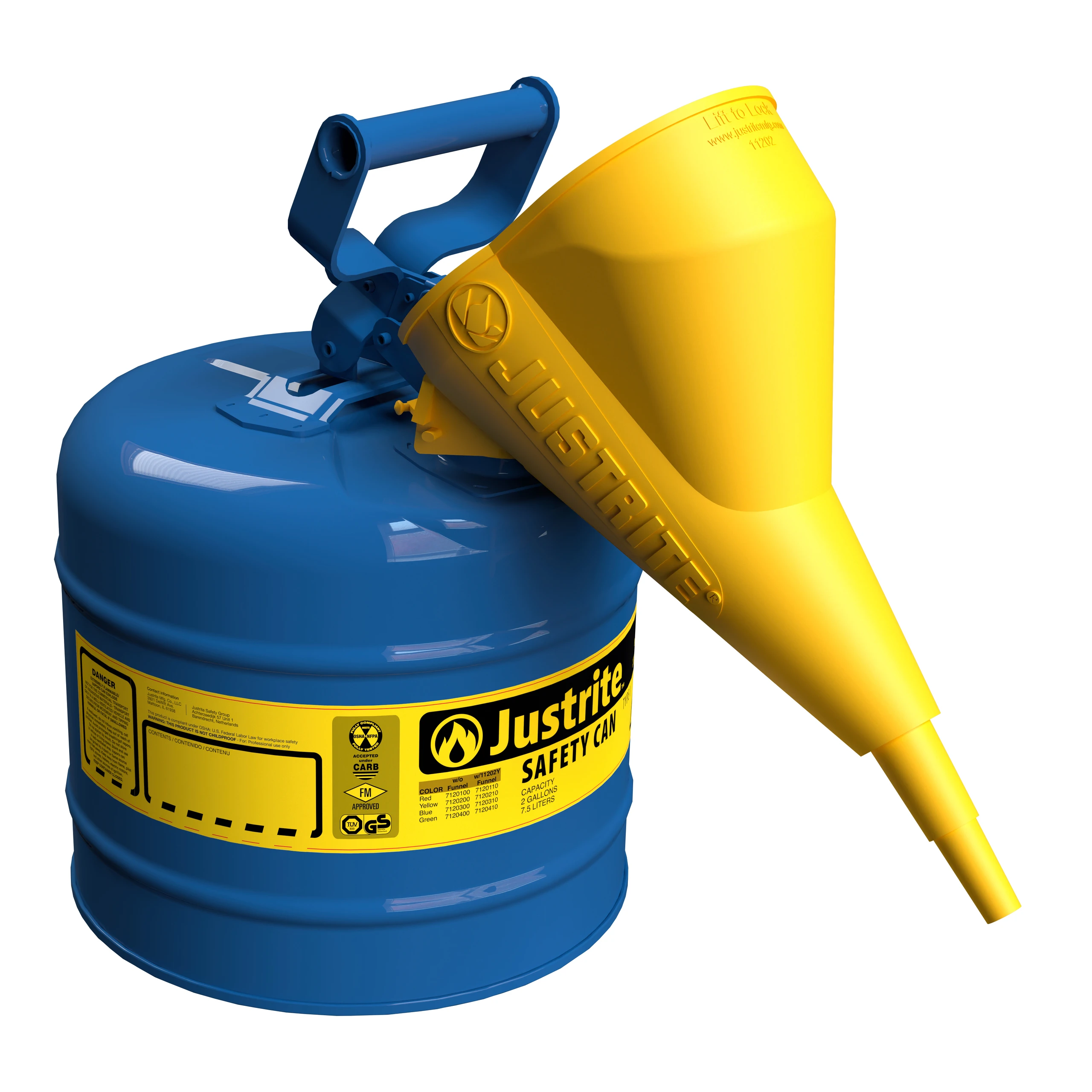 JUSTRITE 7120310 Safety Can, Flame Arrester, Type I, 2 Gallon, 13-3/4 Inch Height, Blue | AA4ZYM 13M463