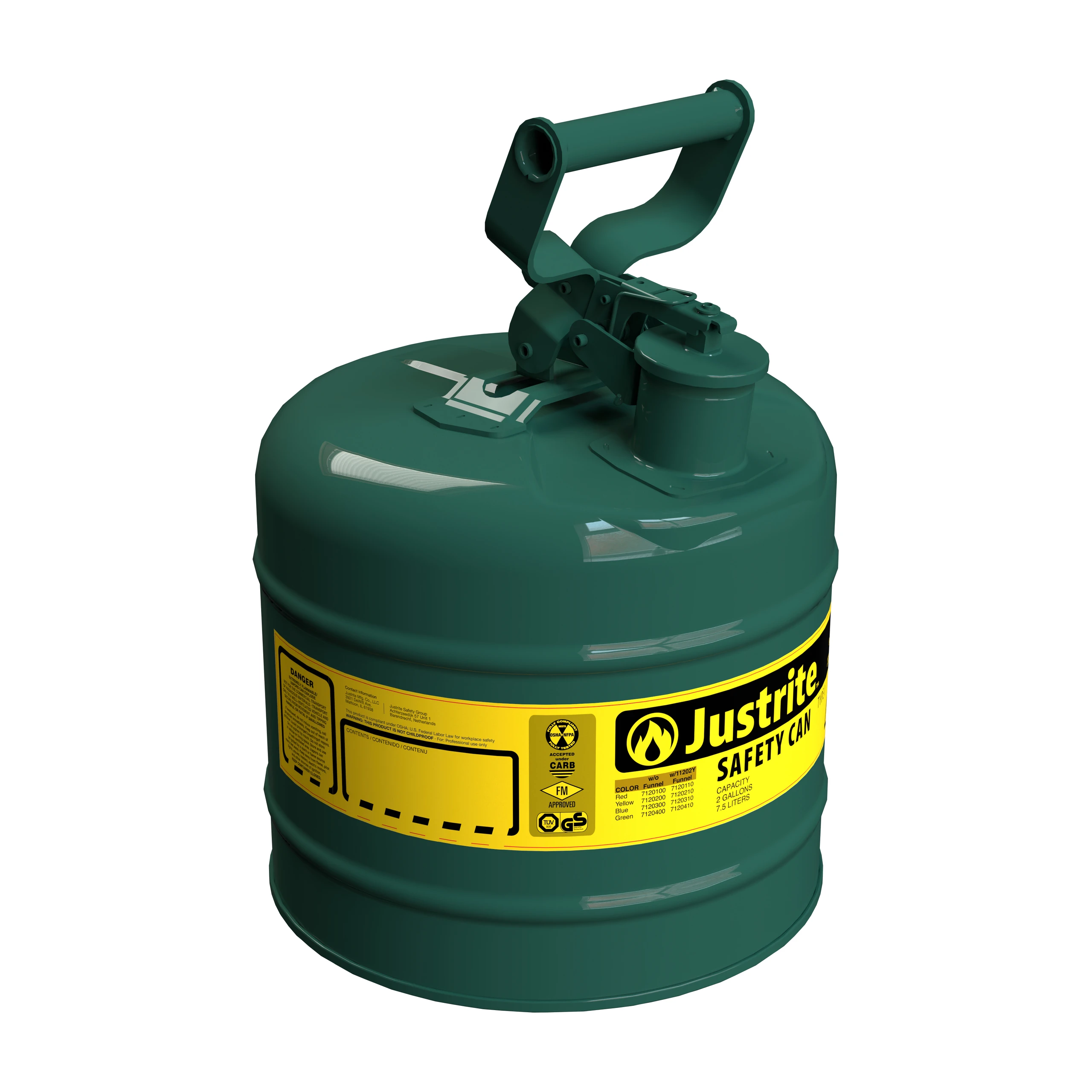 JUSTRITE 7120400 Safety Can, Flame Arrester, Type I, 2 Gallon, 13-3/4 Inch Height, Green | AA4ZYN 13M464