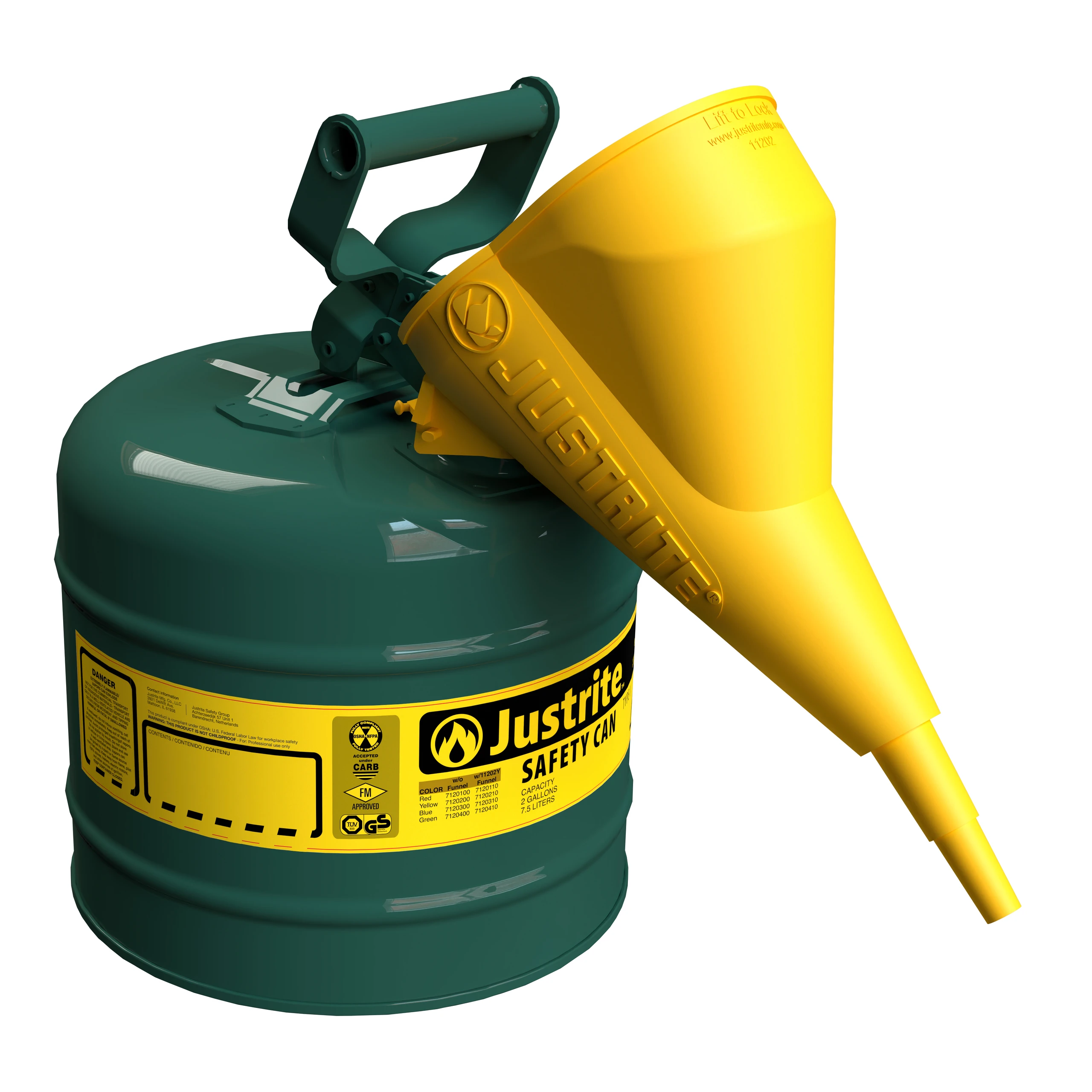 JUSTRITE 7120410 Safety Can, Flame Arrester, Type I, 2 Gallon, 13-3/4 Inch Height, Green | AA4ZYP 13M465