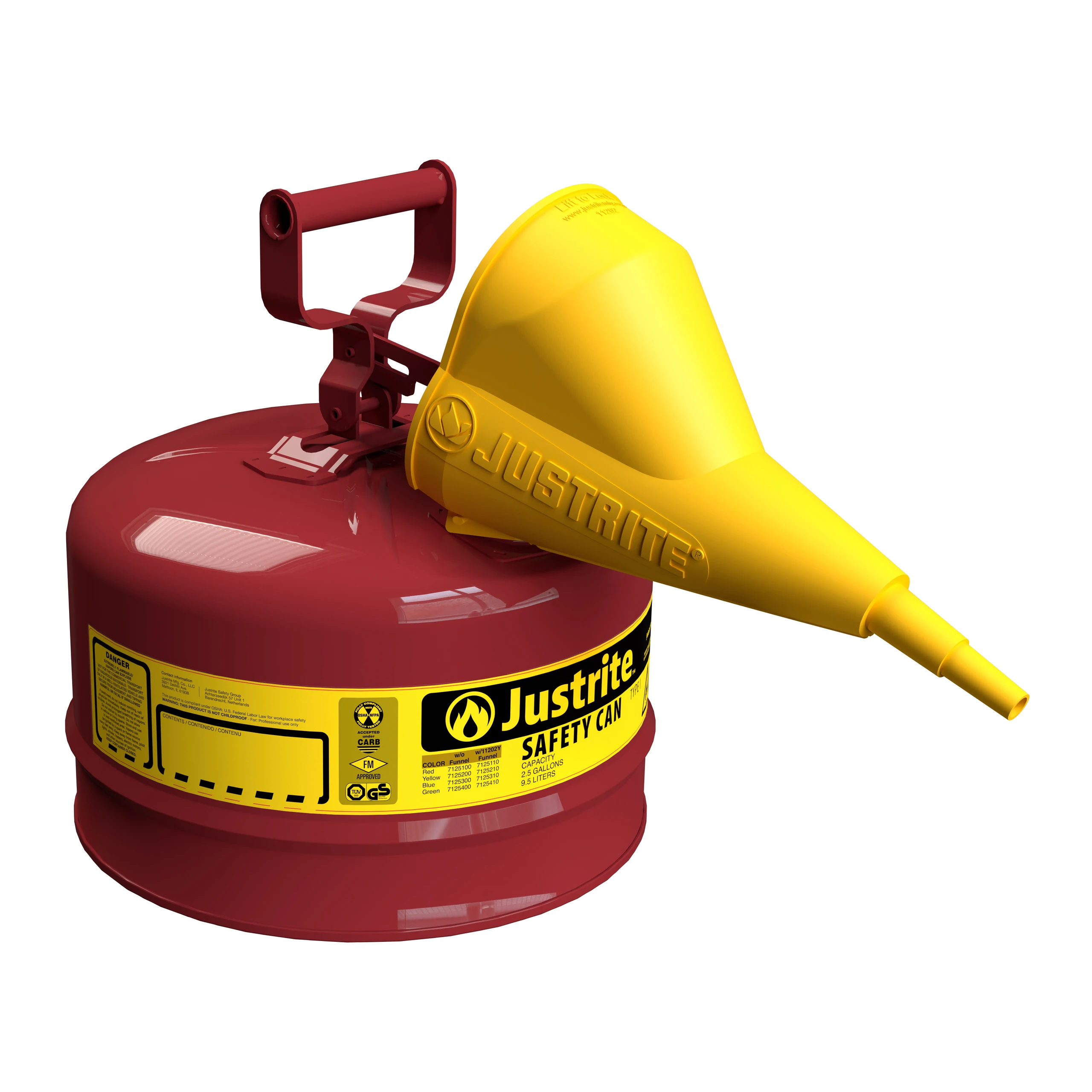 JUSTRITE 7125110 Safety Can, Flame Arrester, Type I, 2.5 Gallon, 11-1/2 Inch Height, Red | AA4ZYQ 13M466