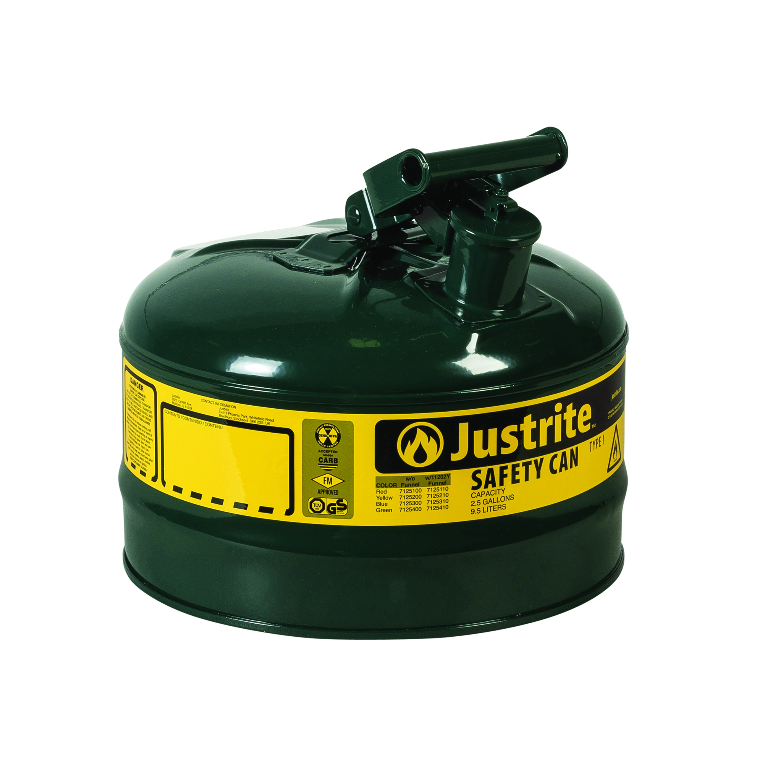 JUSTRITE 7125400 Safety Can, Flame Arrester, Type I, 2.5 Gallon, 11.5 Inch Height, Green | AA4ZYW 13M471