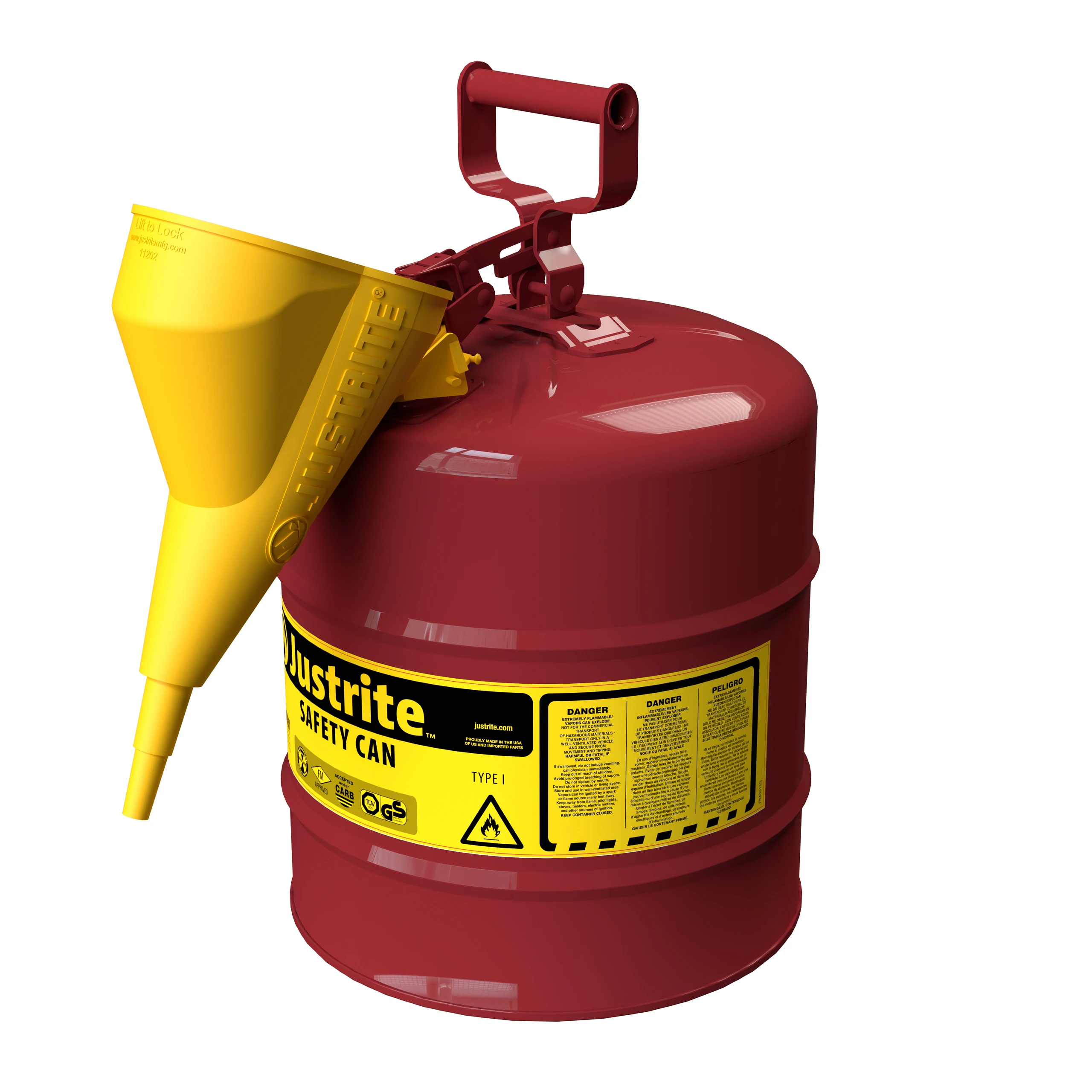 JUSTRITE 7150110 Safety Can, Flame Arrester, Type I, 5 Gallon, 16-7/8 Inch Height, Red | AA4ZYY 13M473