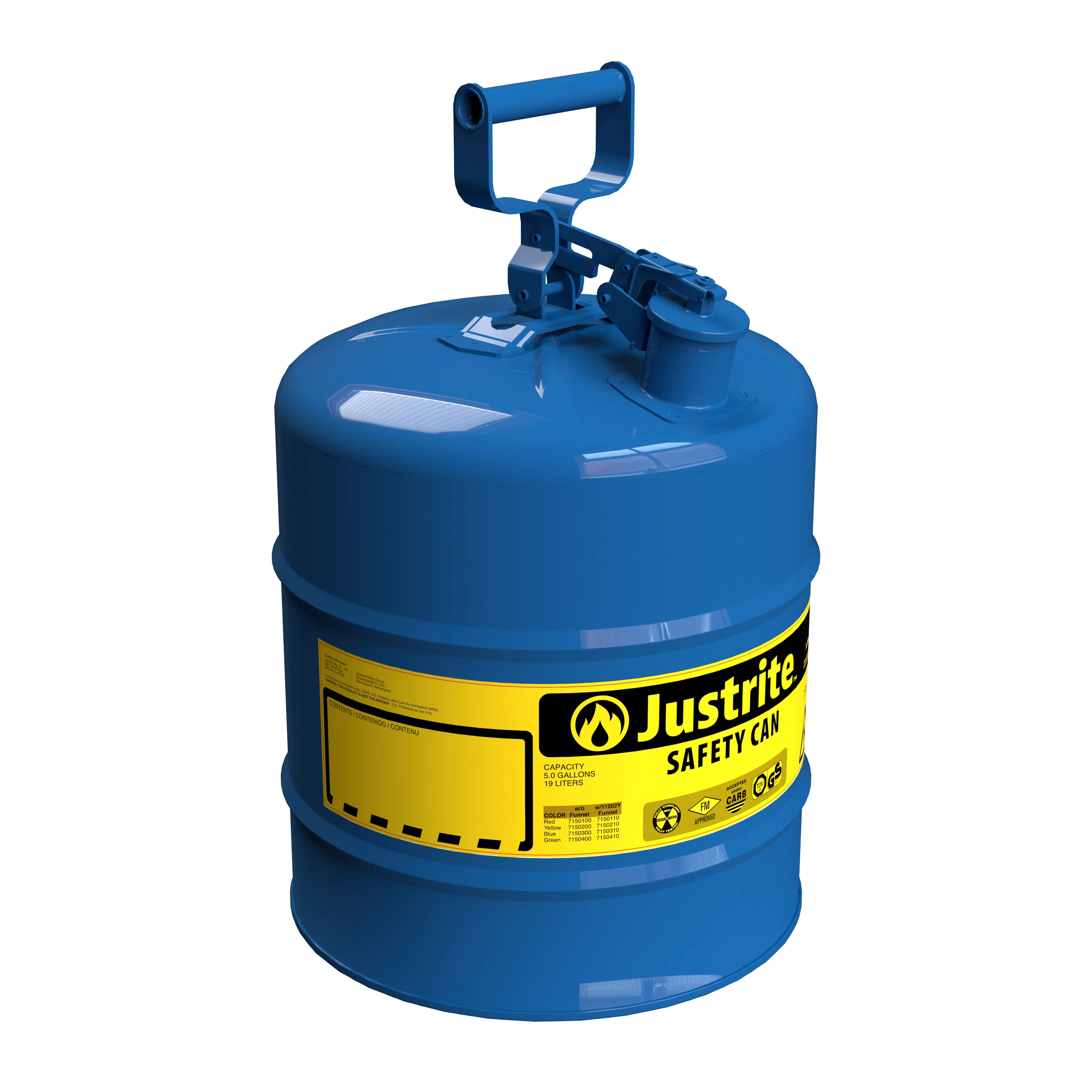 JUSTRITE 7150300 Safety Can, Flame Arrester, Type I, 5 Gallon, 16-7/8 Inch Height, Blue | AE4AJD 5HE21