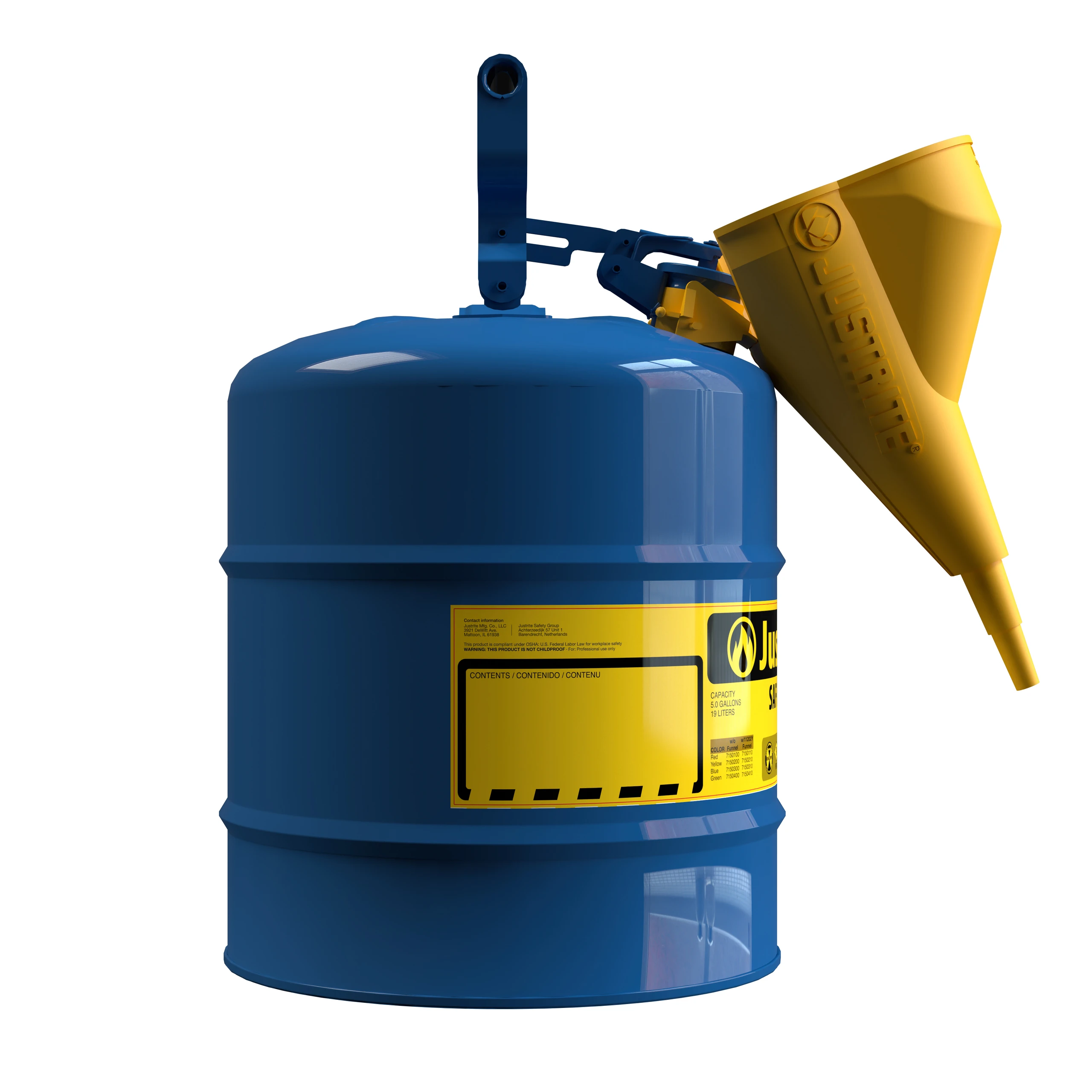 JUSTRITE 7150310 Safety Can, Flame Arrester, Type I, 5 Gallon, 16-7/8 Inch Height, Blue | AA4ZZD 13M478
