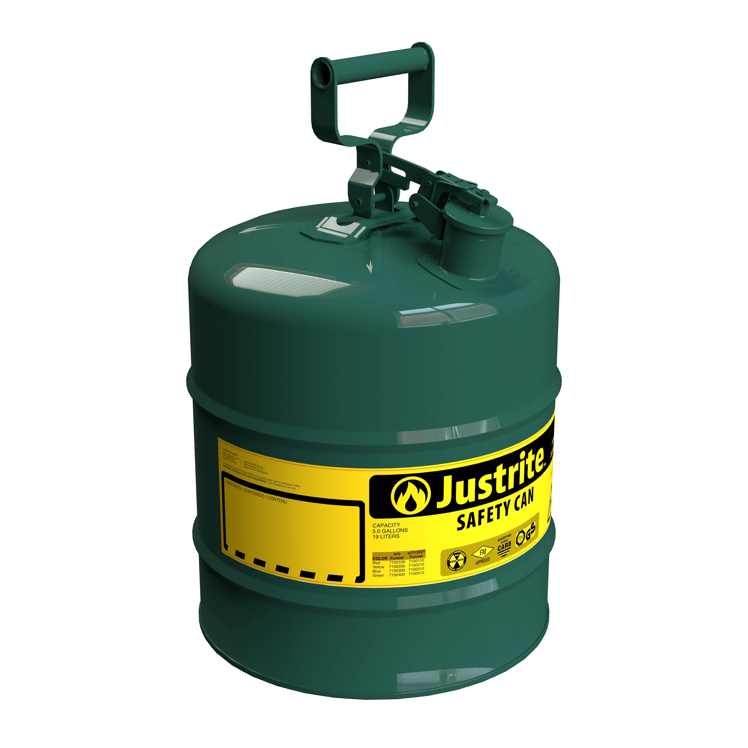 JUSTRITE 7150400 Safety Can, Flame Arrester, Type I, 5 Gallon, 16-7/8 Inch Height, Green | AA4ZZE 13M479