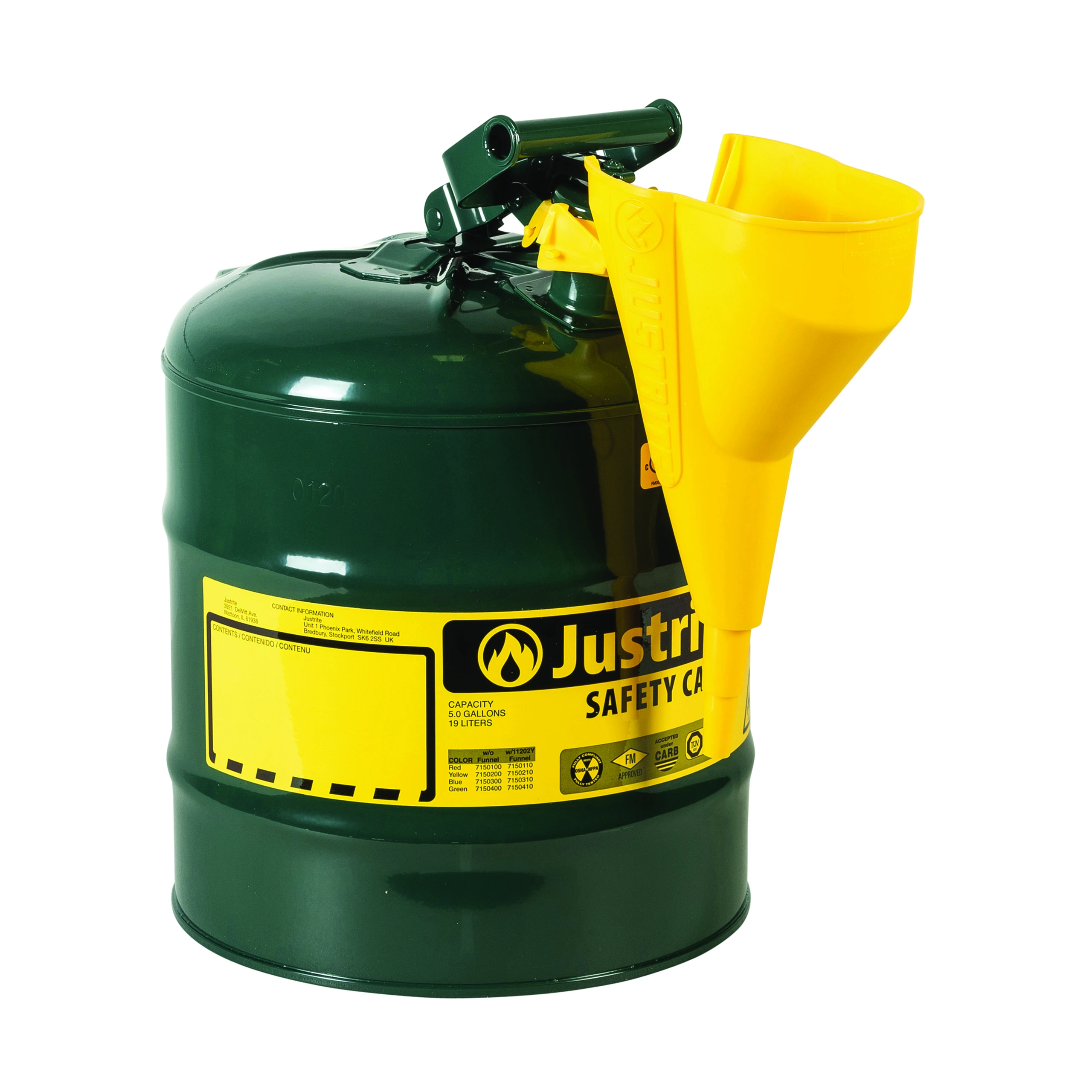 JUSTRITE 7150410 Safety Can, Flame Arrester, Type I, 5 Gallon, 16-7/8 Inch Height, Green | AA4ZZF 13M480