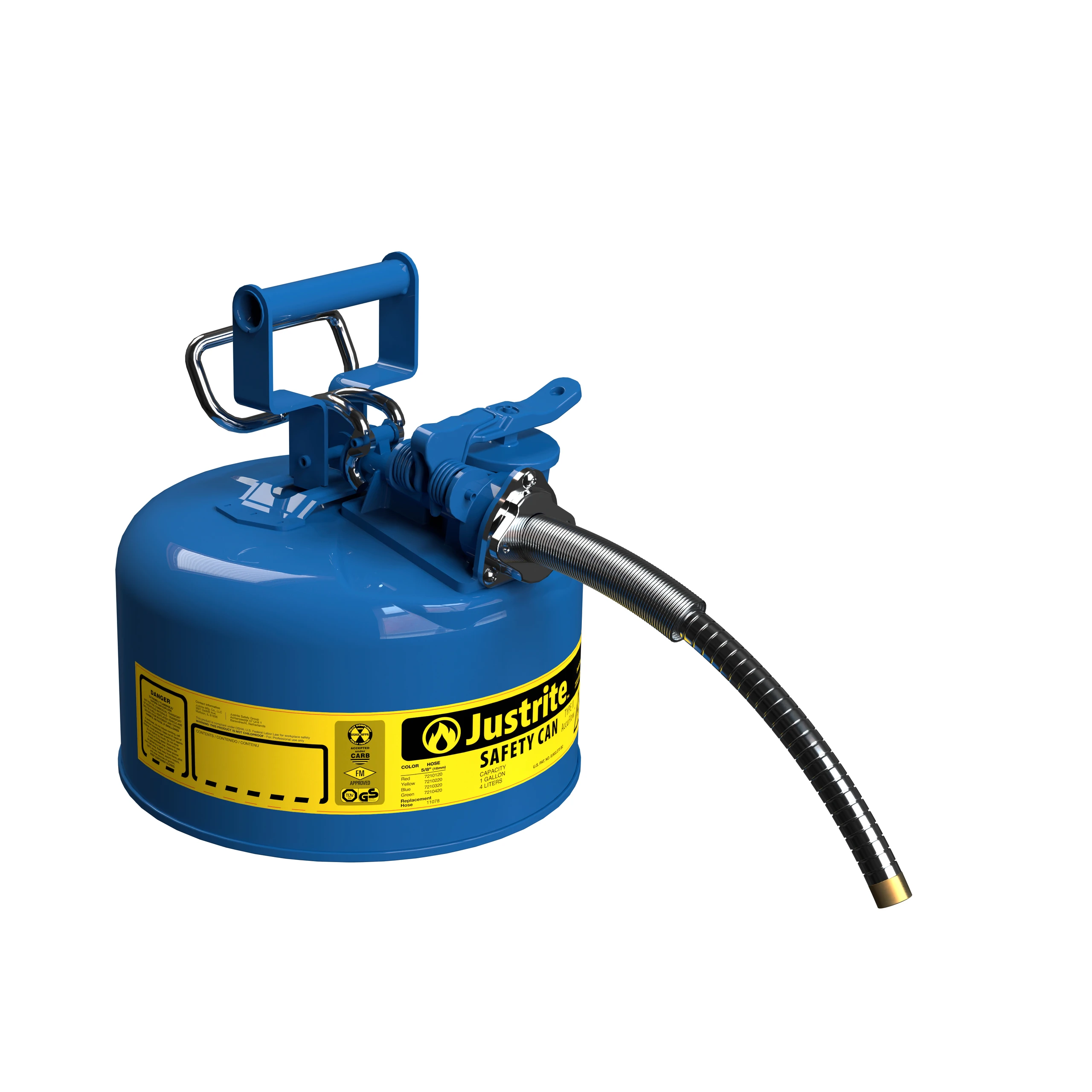 JUSTRITE 7210320 Safety Can, 5/8 Inch Metal Hose, Type II, 10-1/2 Inch Height, Blue | AD2DTT 3NKK4