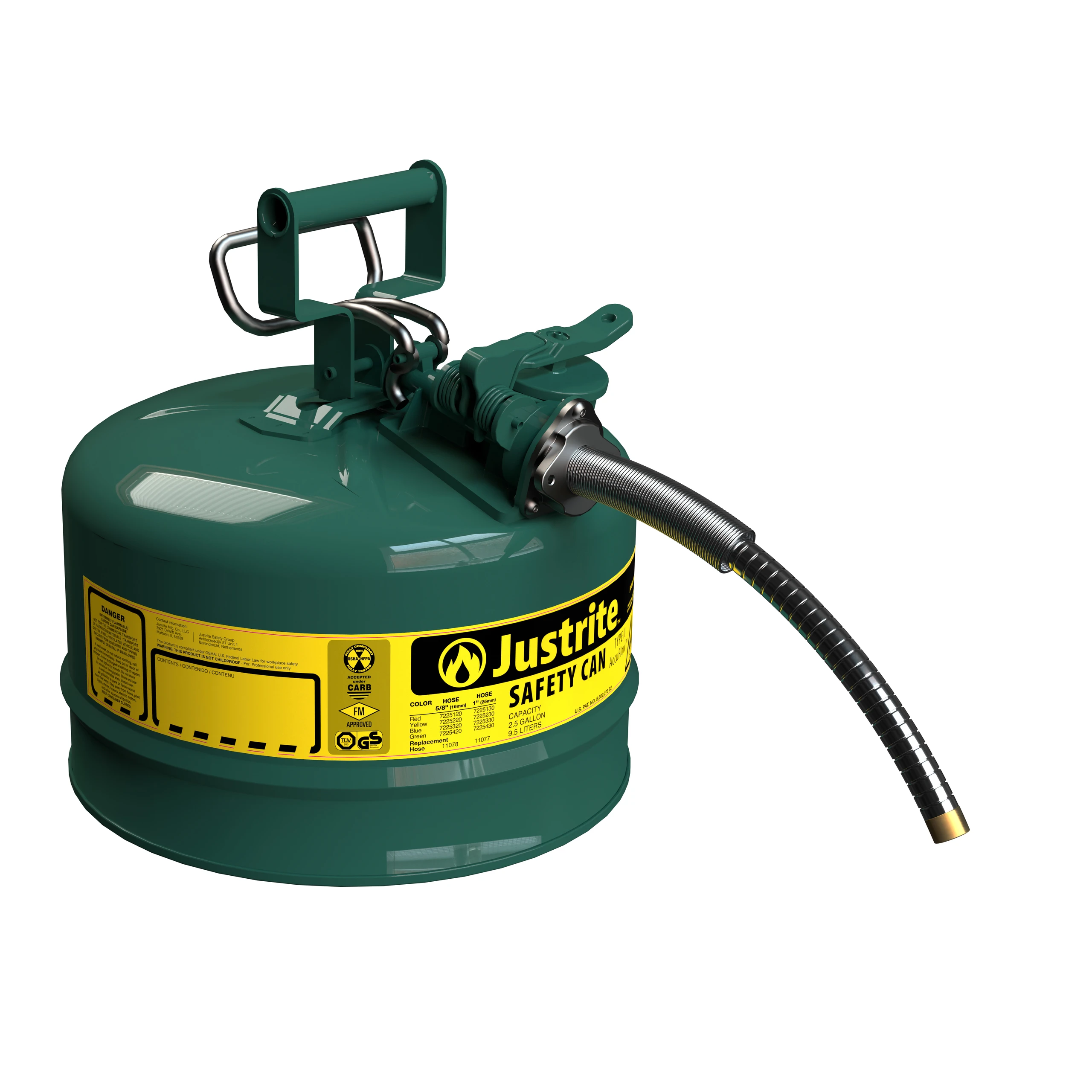 JUSTRITE 7225420 Safety Can, 5/8 Inch Metal Hose, Type II, 12 Inch Height, Green | AA4ZZL 13M485