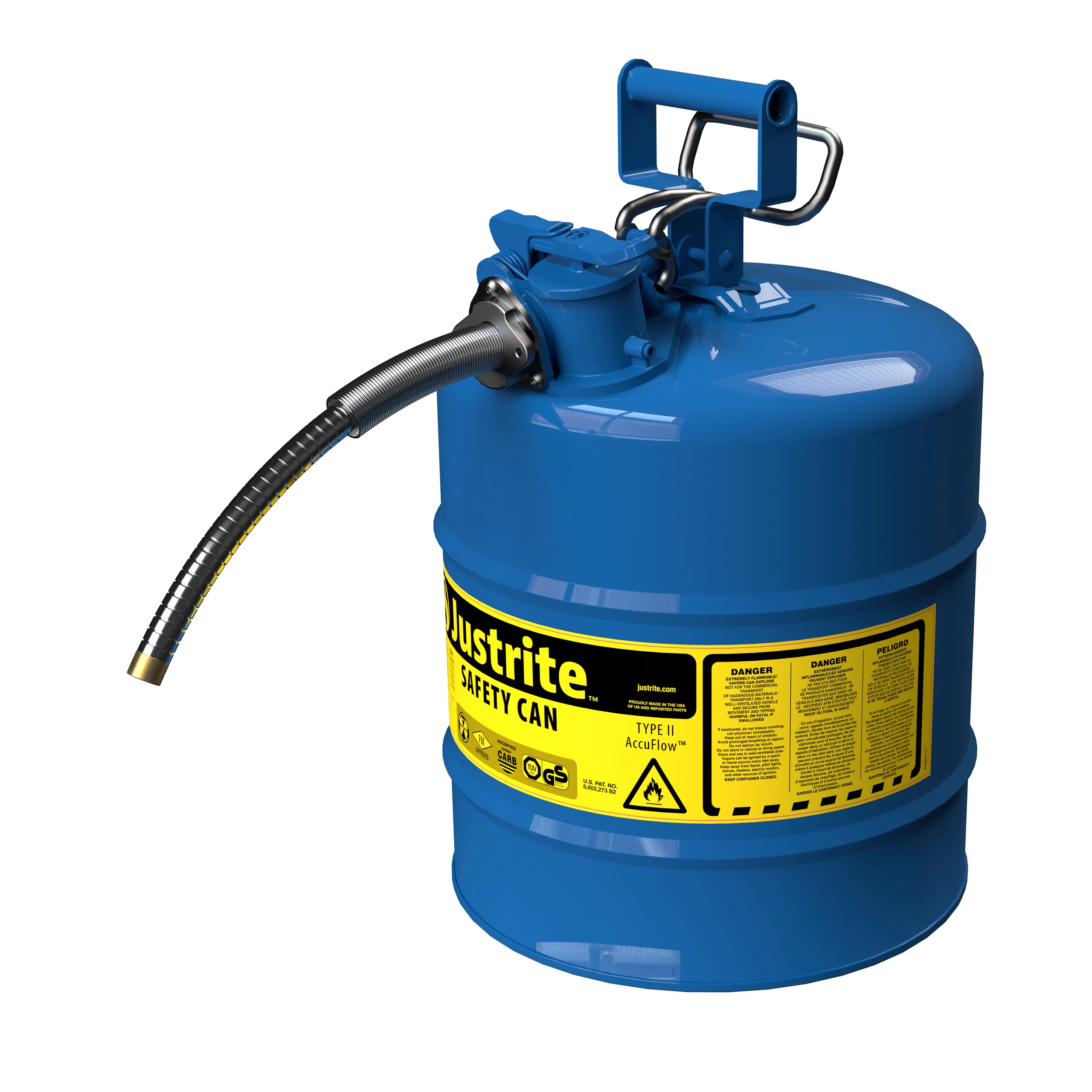 JUSTRITE 7250320 Safety Can, 5/8 Inch Metal Hose, Type II, 5/8 Inch Size, 5 Gallon, Blue | CD8CLB