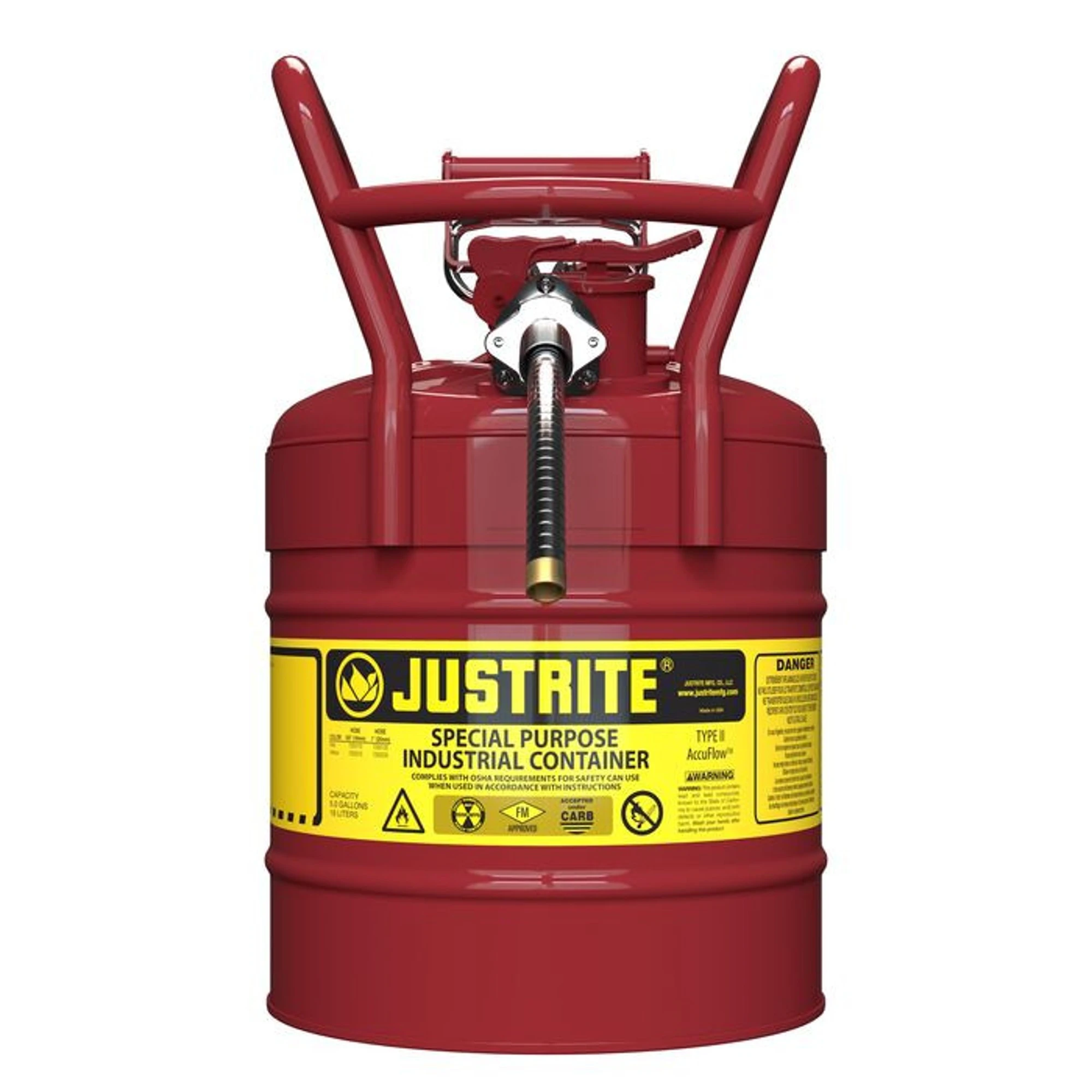 JUSTRITE 7350110 Dot Safety Can, 5/8 Inch Metal Hose For Flammable, Type II, 17-1/2 Inch Height, Red | AA4ZZR 13M490