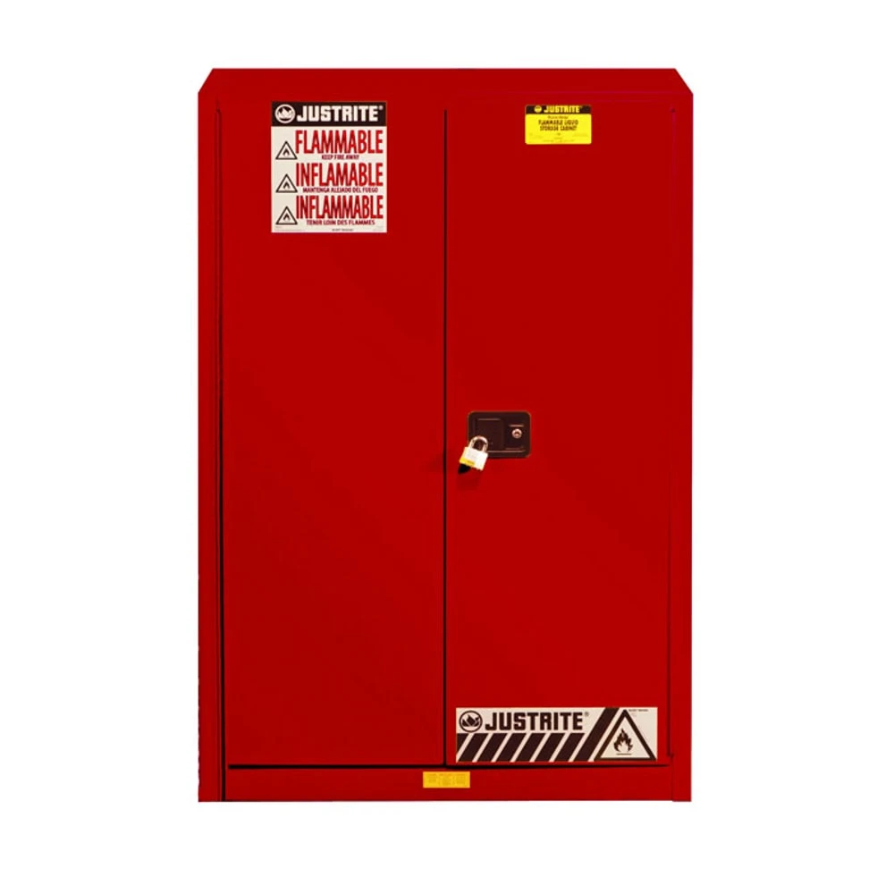 Flammable Cabinet, 45 Gallon, 2 Shelves, 2 Doors, Self Close, Red