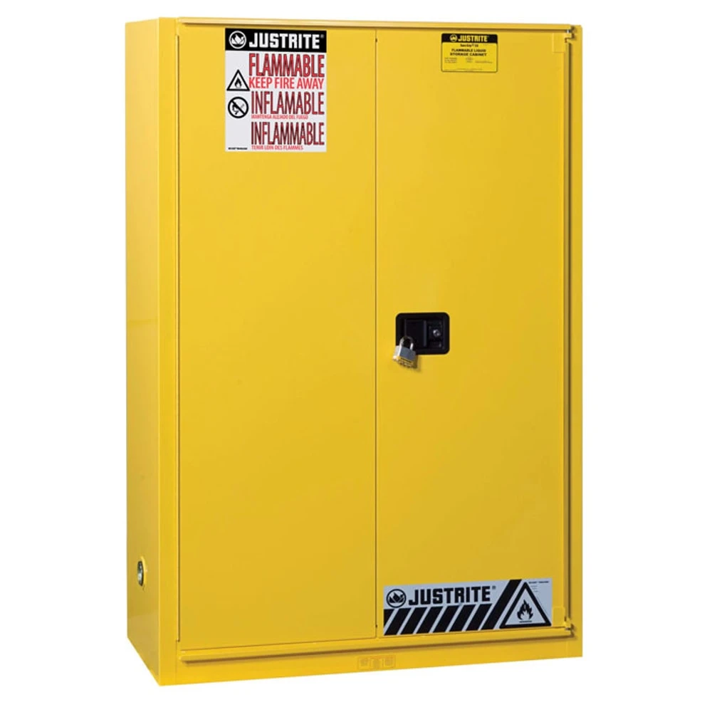 Flammable Safety Cabinet, 2 Shelves, 1 Bi-Fold Self-Close Door, 45 Gallon, Yellow