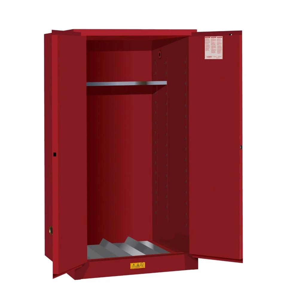 JUSTRITE 896201 Vertical Drum Cabinet, 1 Drum Vertical, 1 Shelf, 2 Doors, Manual Close, 55 Gallon, Red | CD8CWU